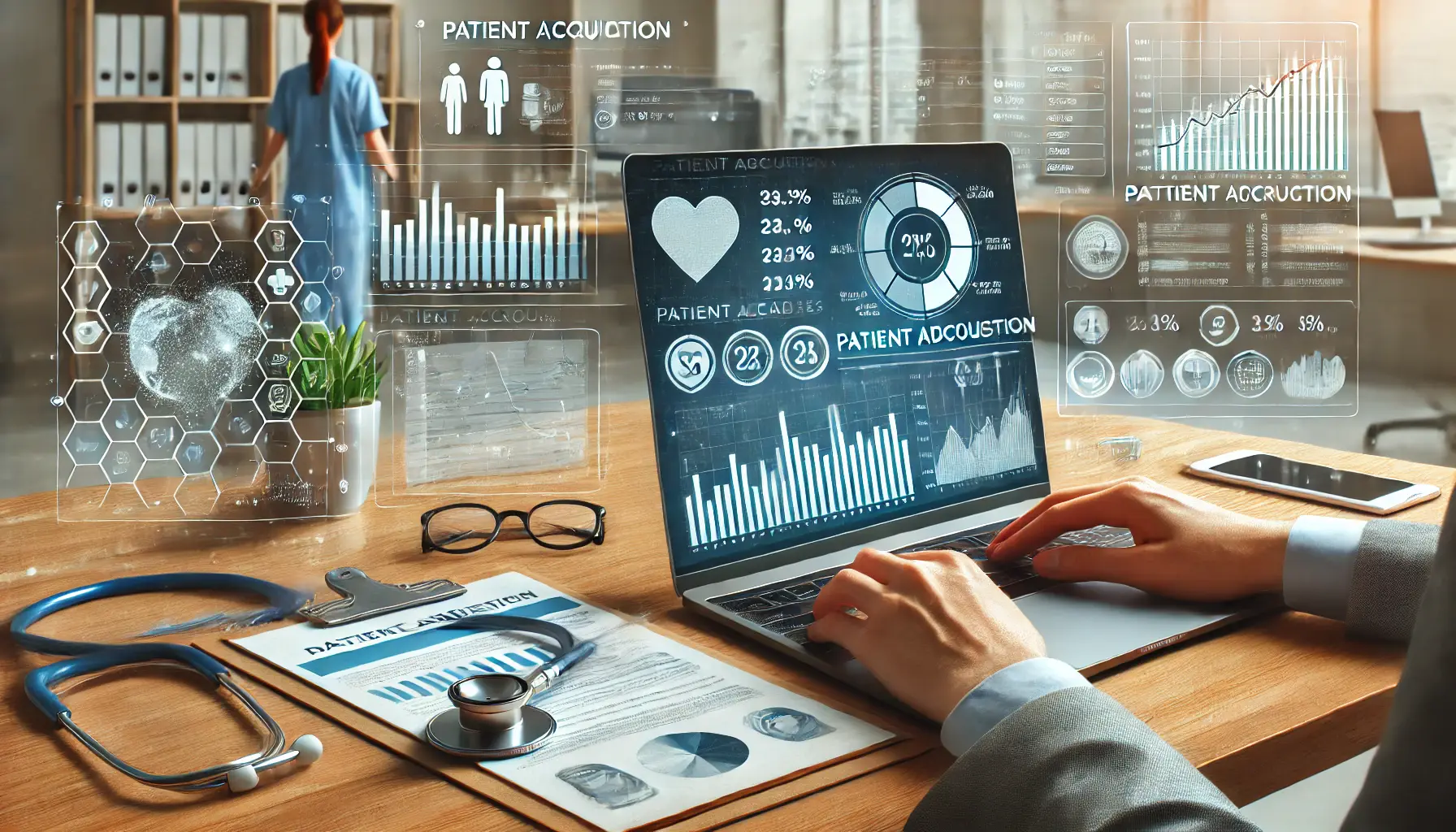 A healthcare marketer analyzing patient acquisition data on a laptop, with graphs and charts on the screen, surrounded by medical tools and files.