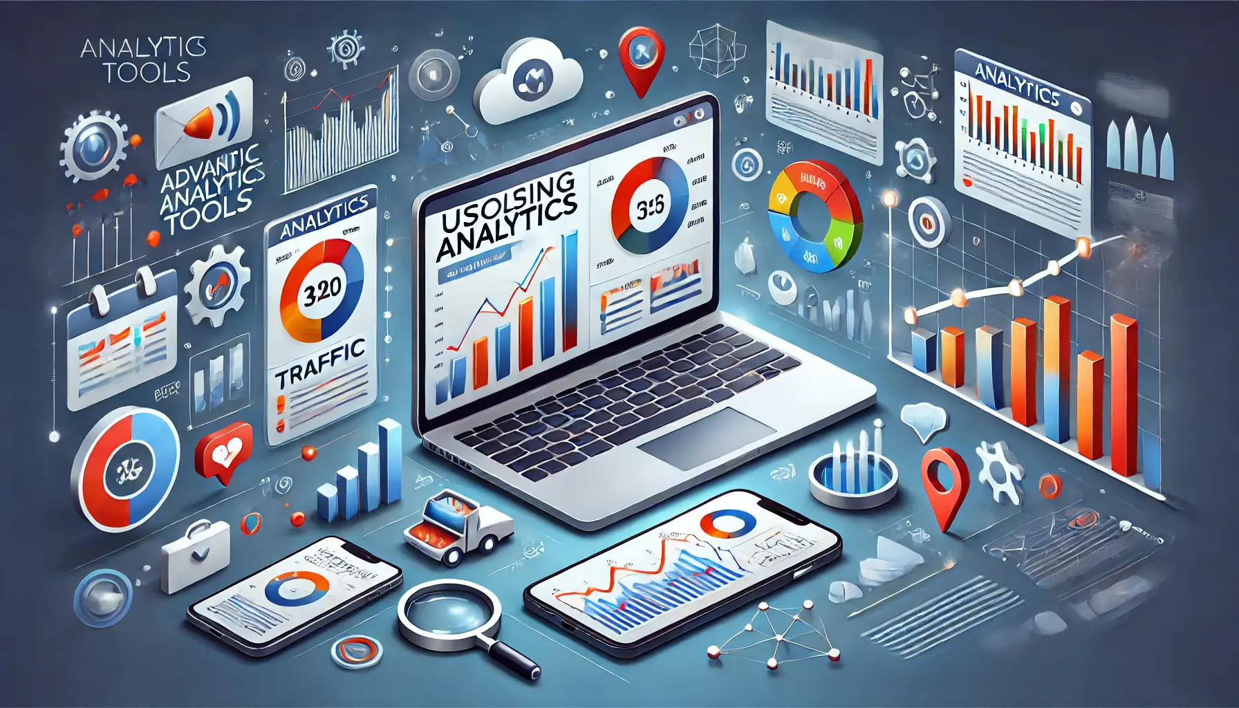 A laptop and smartphone displaying analytics dashboards with metrics and charts, surrounded by icons of analytics tools.