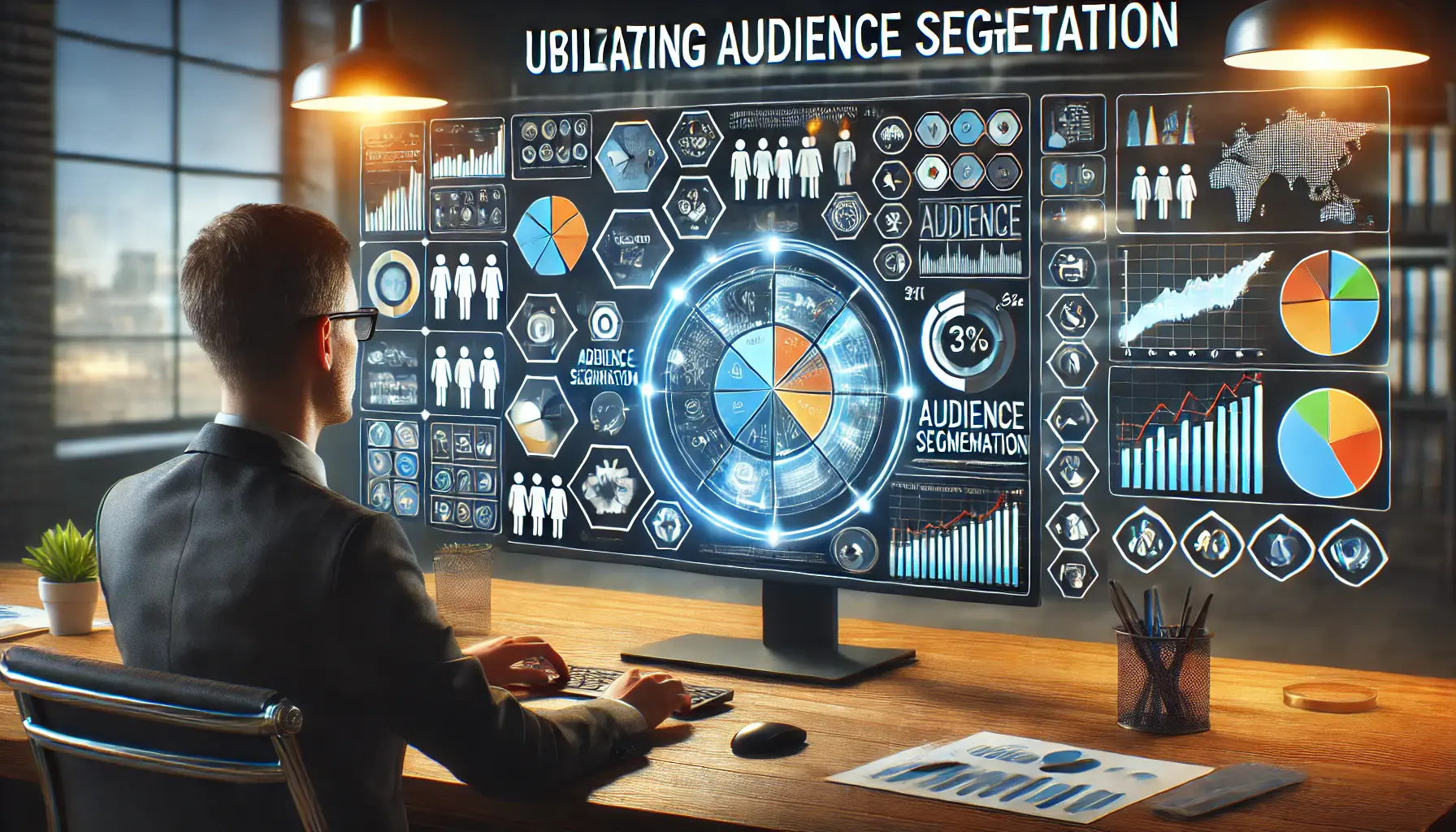 An illustration of a marketer analyzing audience segmentation data, with pie charts, bar graphs, and demographic icons on the computer screen.