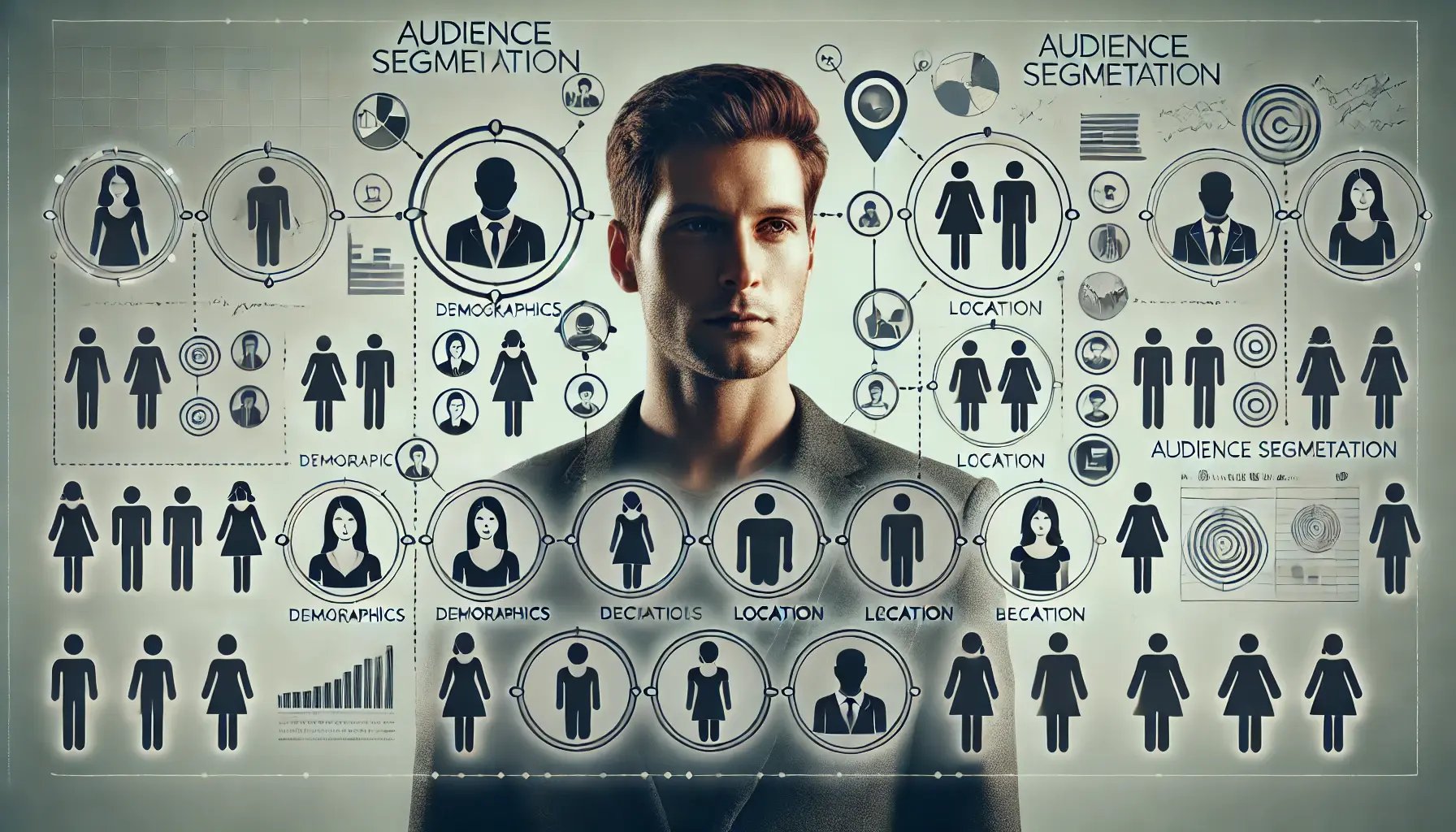 An image representing audience segmentation, with groups divided by demographics, location, and behavior.