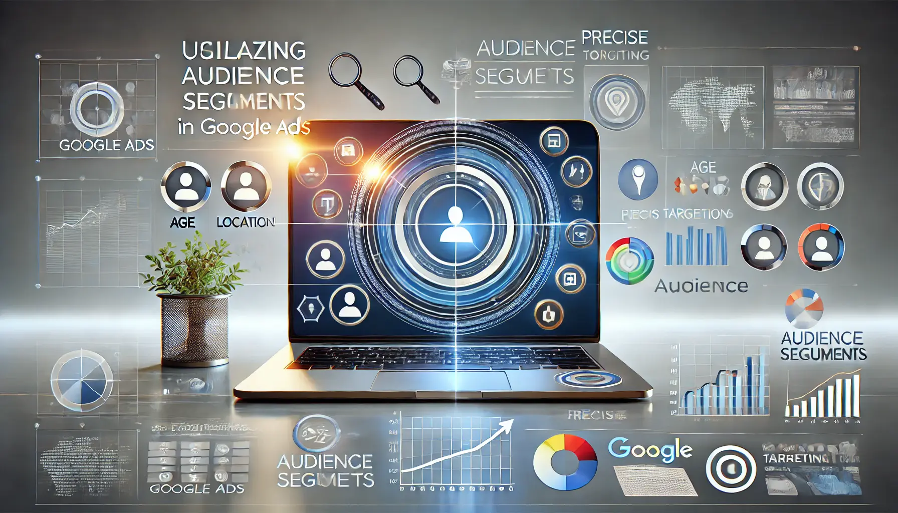 Abstract image showing a digital interface with audience segments, targeting scopes, and icons representing demographic and behavioral traits.