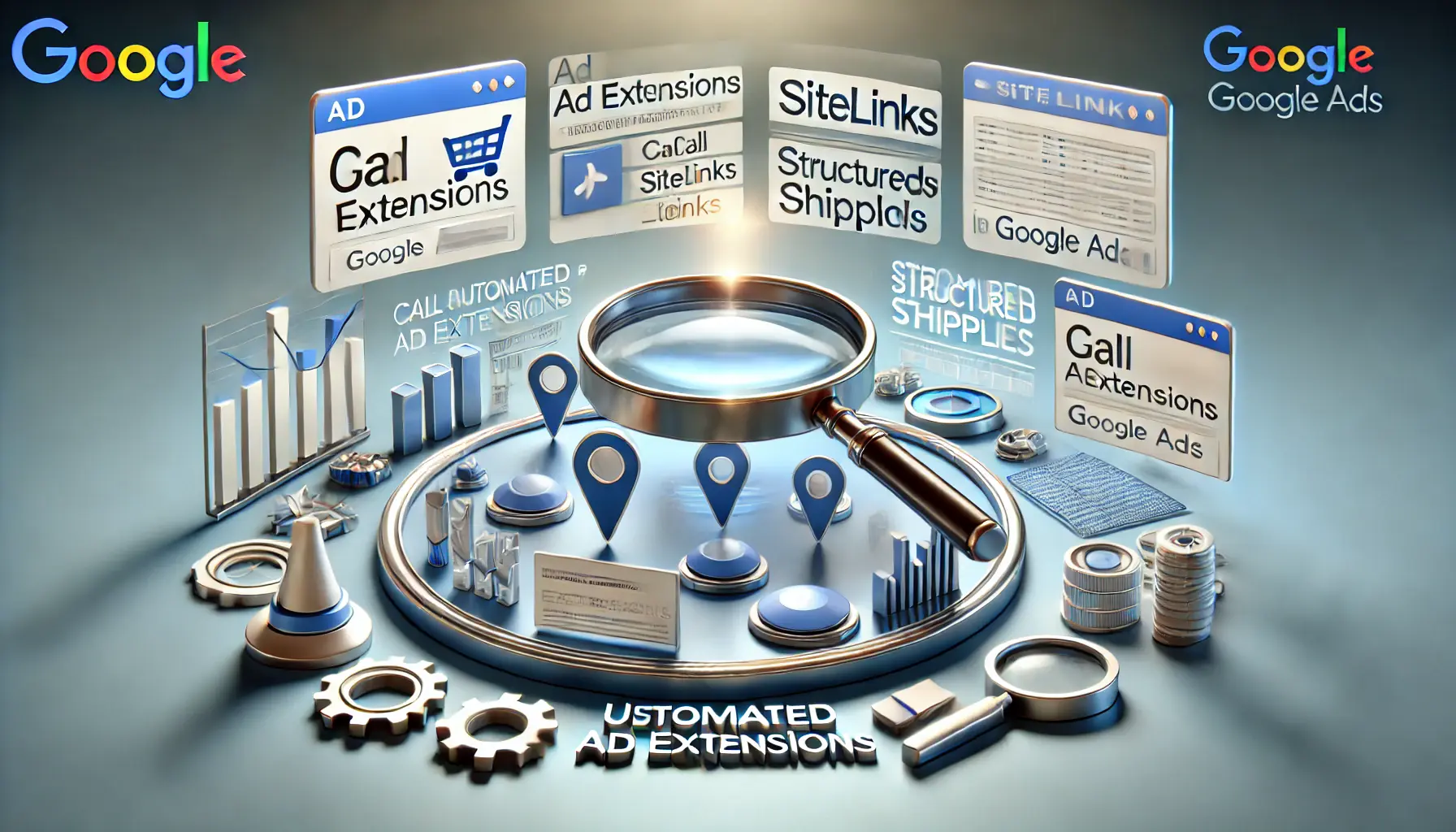 A digital interface showcasing automated ad extensions like call buttons, sitelinks, and structured snippets, surrounded by analytics icons.