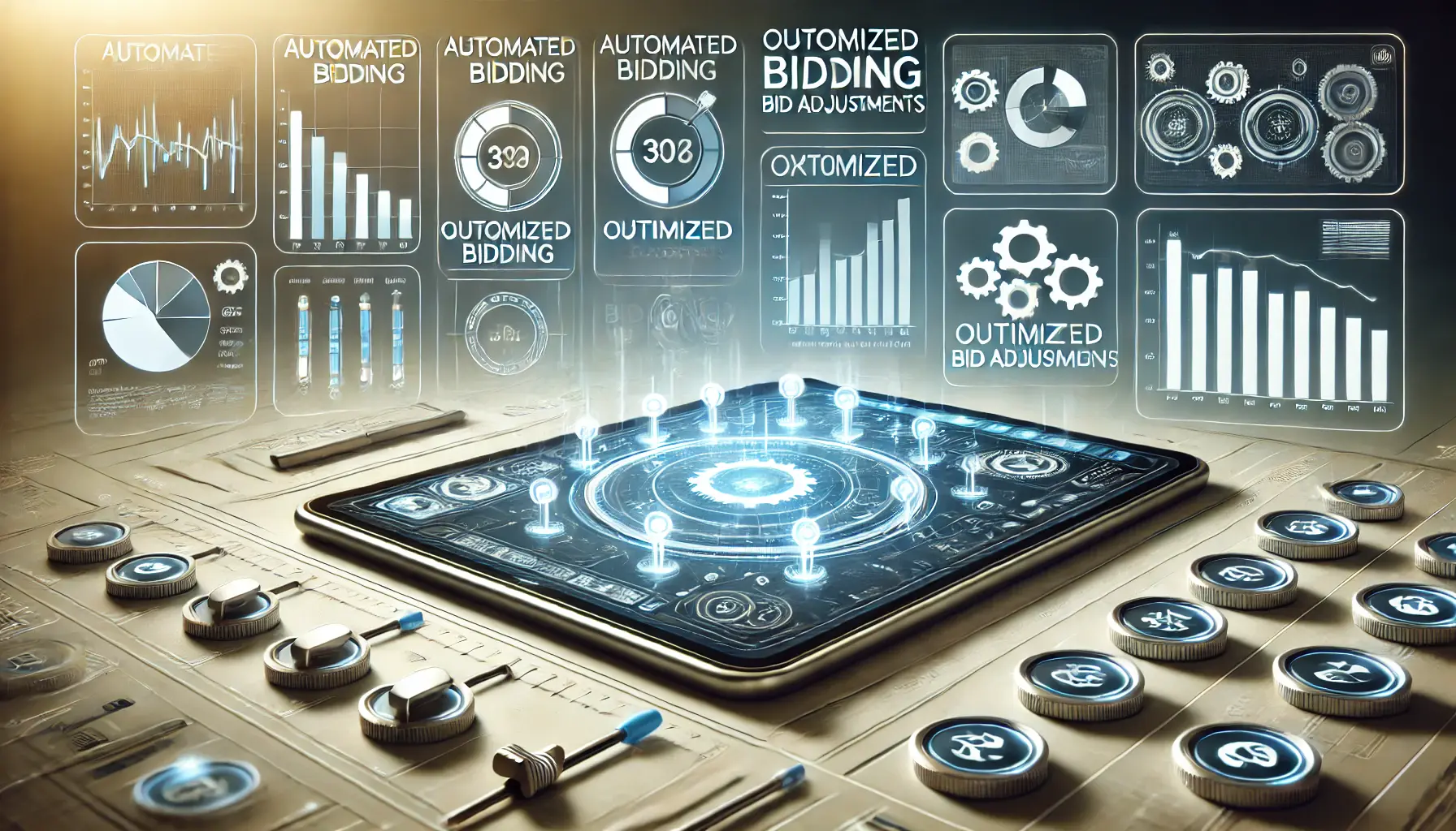 A digital dashboard showing automated bidding strategies in app campaigns, with sliders, performance graphs, and optimization tools.