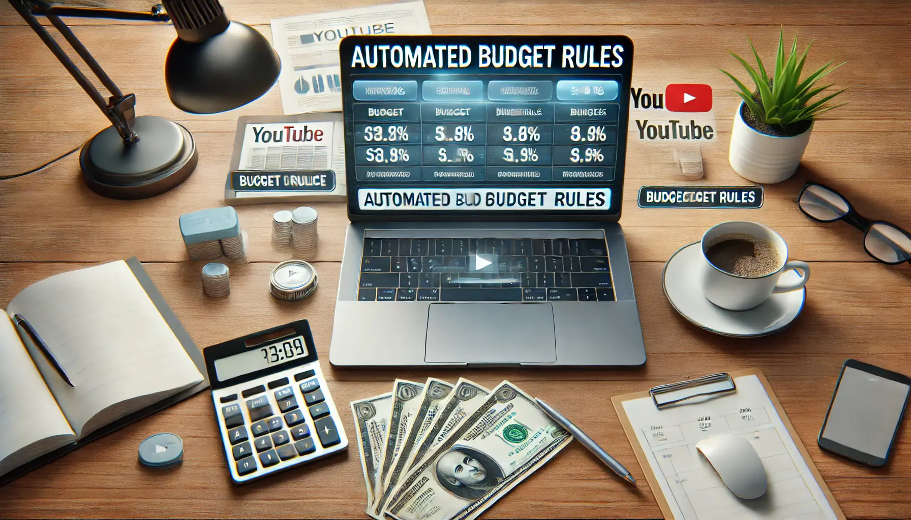 A workspace featuring a laptop displaying an advertising dashboard with automated budget rules, financial documents, a calculator, and a cup of coffee, illustrating the use of automated budget management for YouTube ad campaigns.