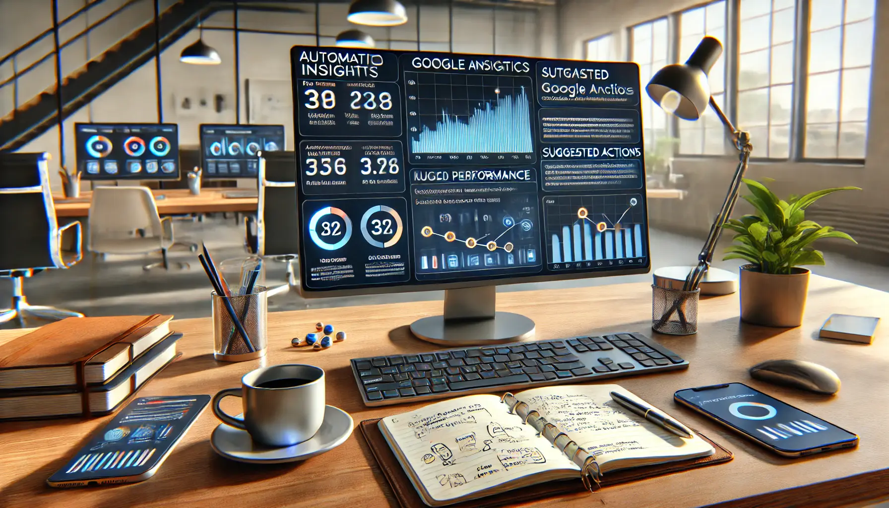 A workspace featuring a computer screen with automated insights in Google Analytics, showing key metrics and trend lines.