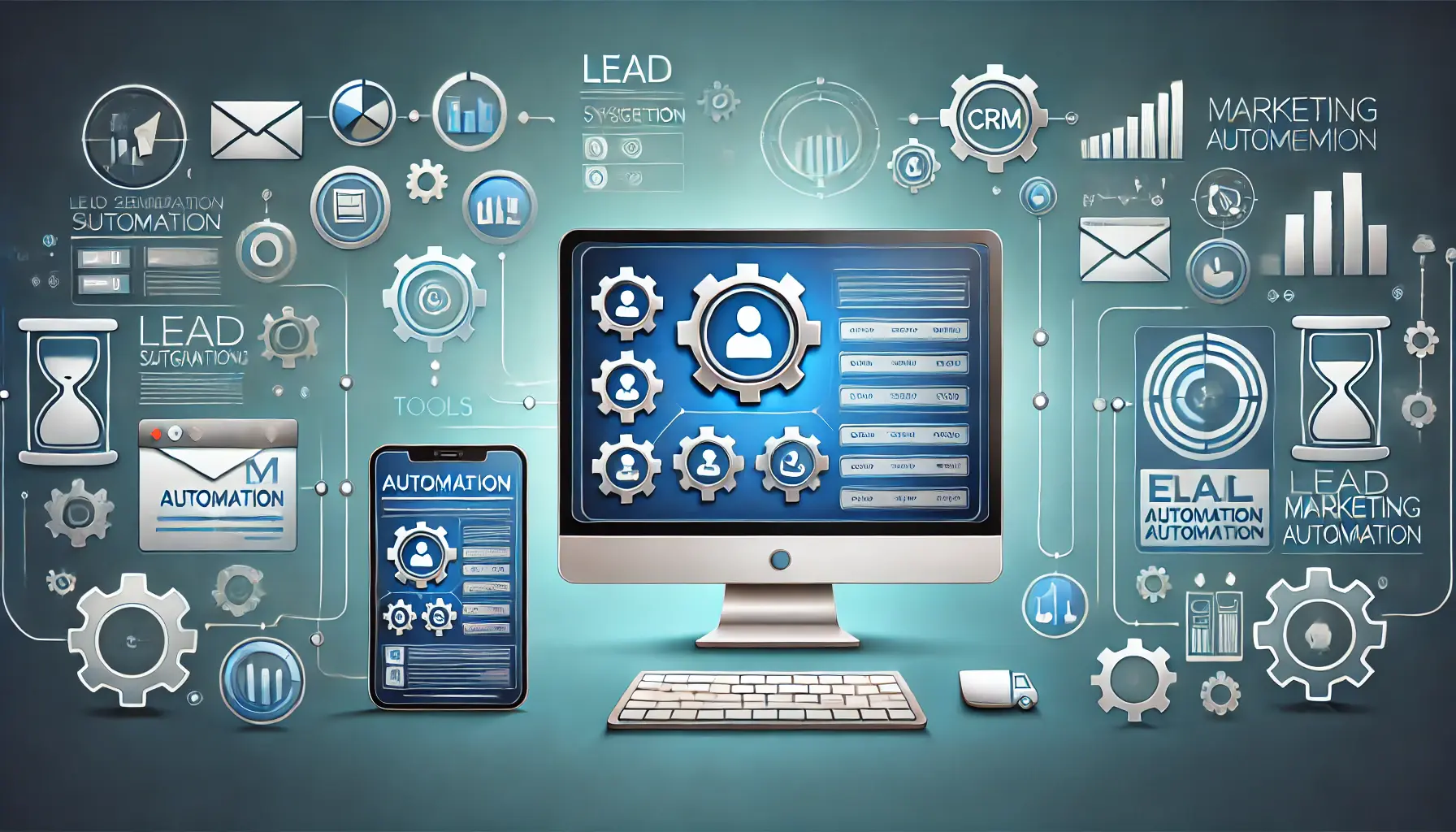 An image showing automation tools for lead management, with mobile and computer screens displaying automated workflows and CRM systems.