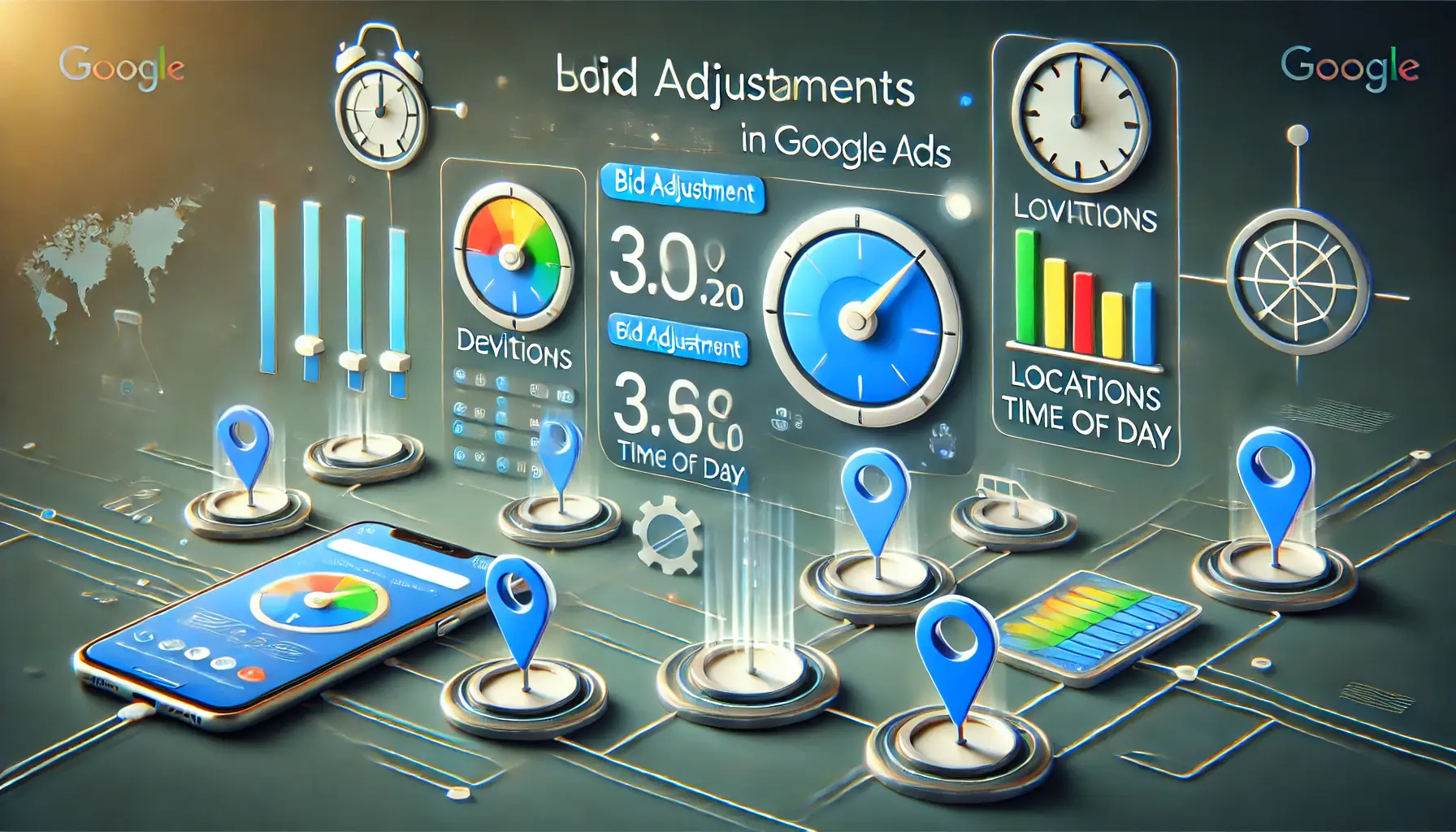 A digital dashboard displaying bid adjustment metrics for devices, locations, and times of day, surrounded by symbols like sliders, clocks, and geographic markers.