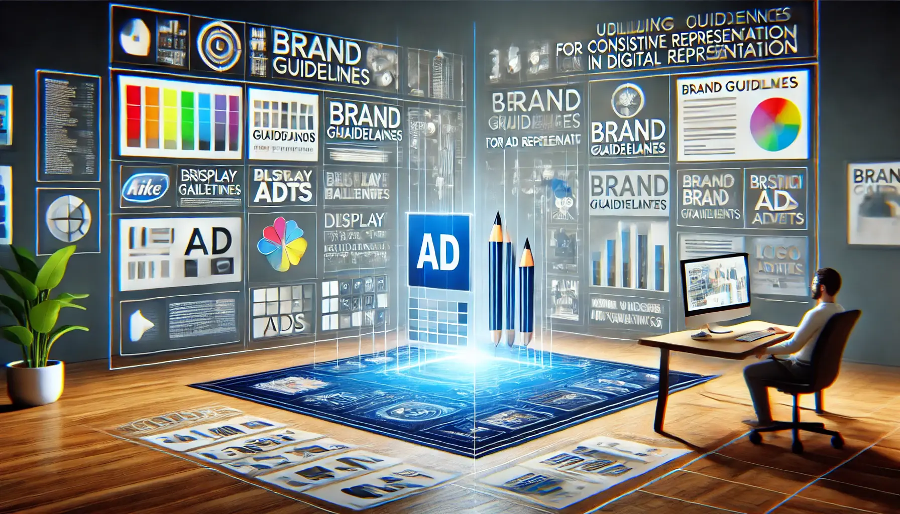 An image illustrating the use of brand guidelines in digital advertising, showing color palettes, fonts, and logos applied to various ad formats like banners and videos.