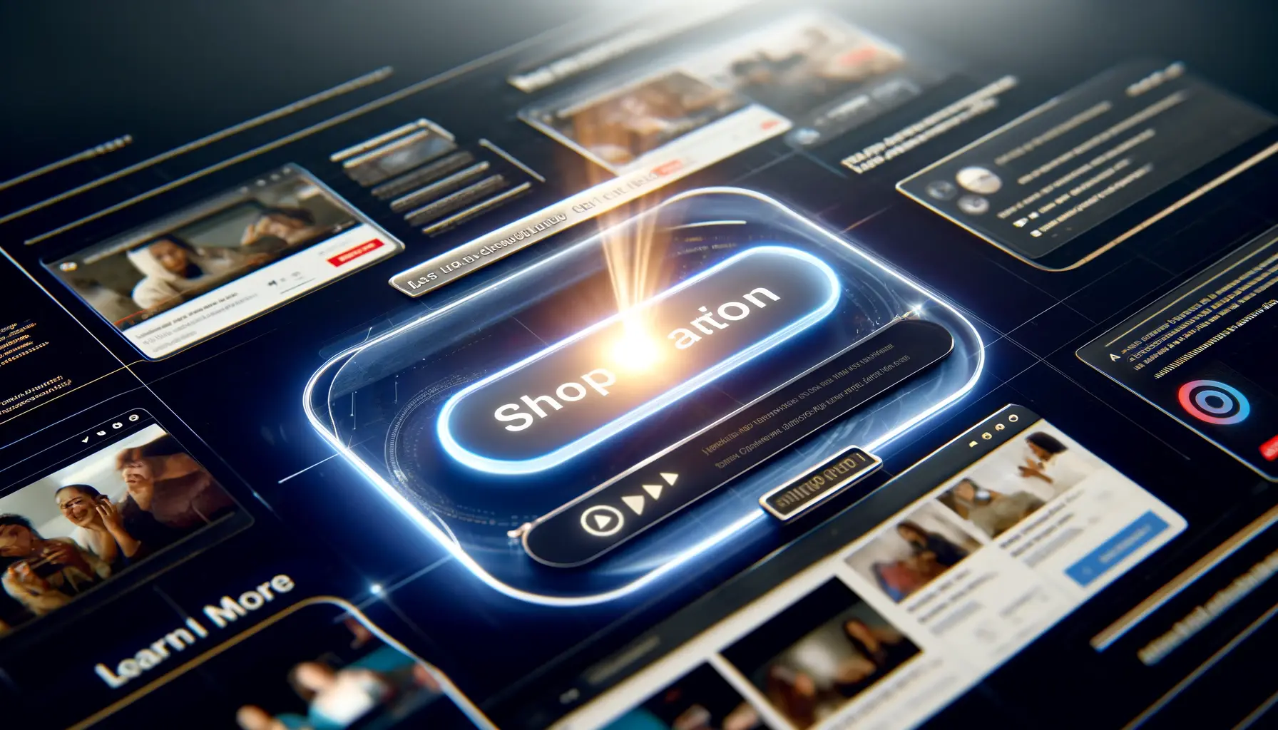 A digital video ad featuring a glowing call-to-action button surrounded by interactive elements like video thumbnails and subtle engagement metrics.