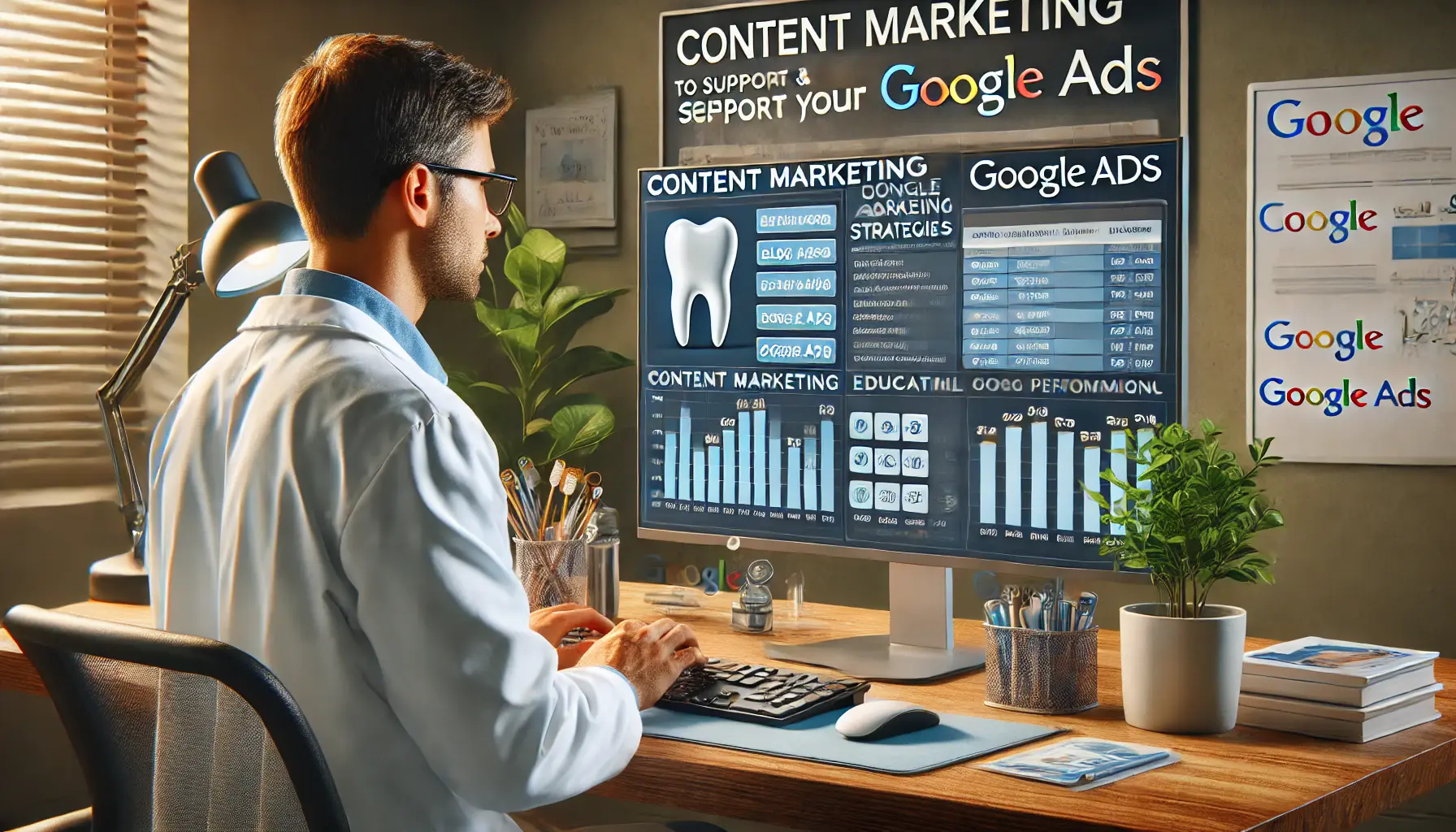 A dentist reviewing content marketing strategies and Google Ads performance data in a modern office.