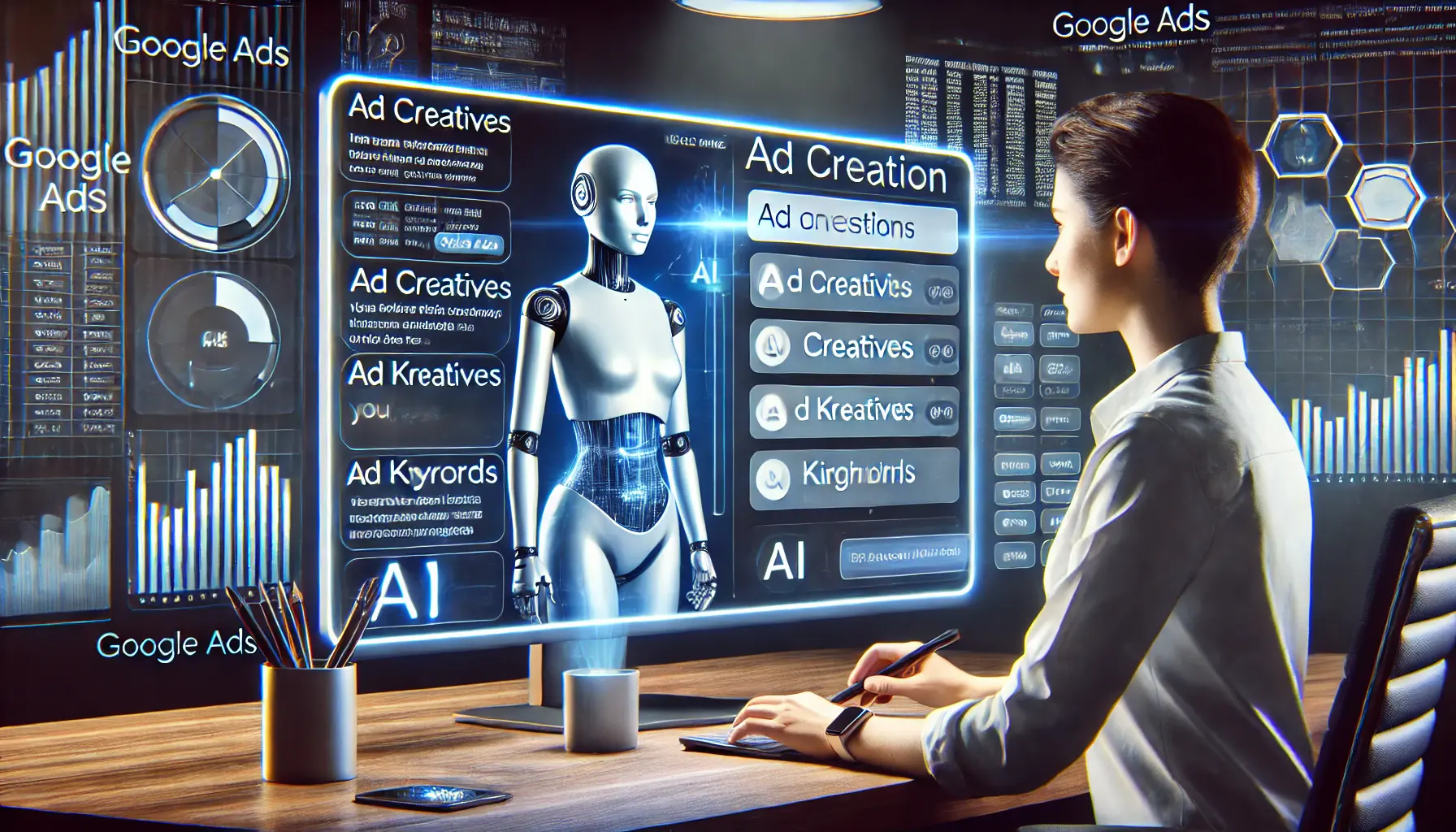 A marketer using a conversational AI interface to create ads, with dynamic suggestions for ad creatives and targeting.