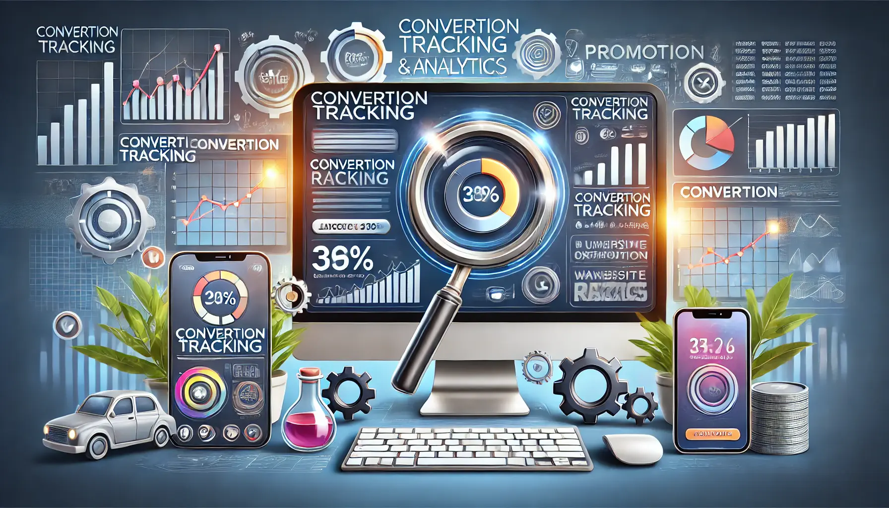 An illustration of utilizing conversion tracking and analytics tools for event promotion, showing a dashboard with conversion data and performance metrics.