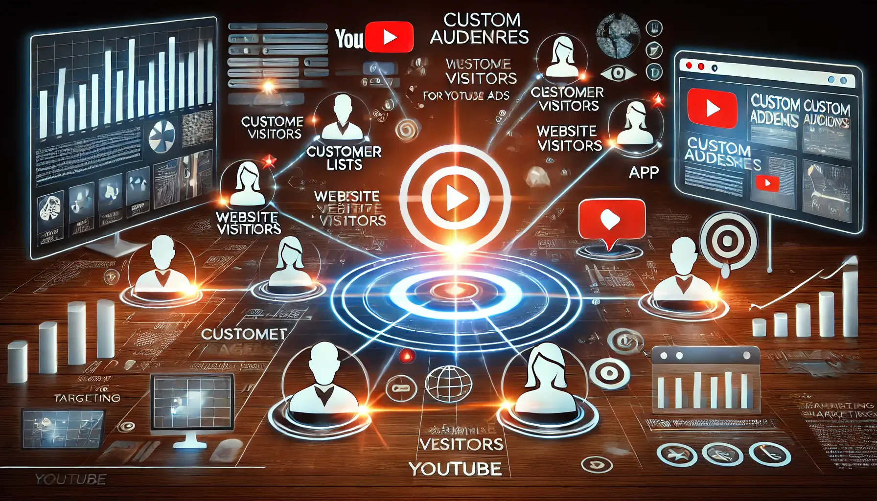 An engaging image illustrating the use of custom audiences for YouTube Ads, with glowing user profiles and audience segmentation icons linked to a marketing dashboard.