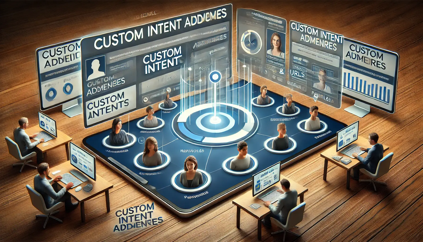 Illustration of utilizing custom intent audiences with targeting based on keywords and URLs in digital advertising.