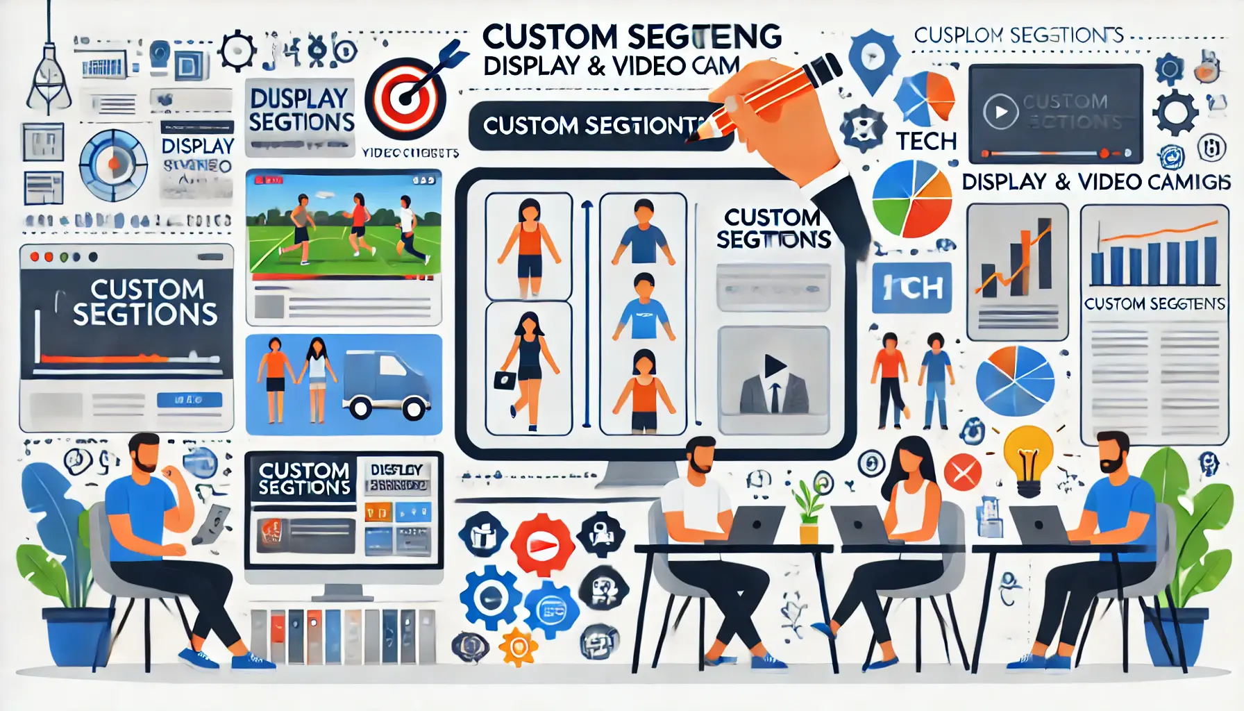 An image showing a digital marketer using custom segments to target audiences in display and video campaigns, with tailored ads and diverse audience groups represented on different screens.