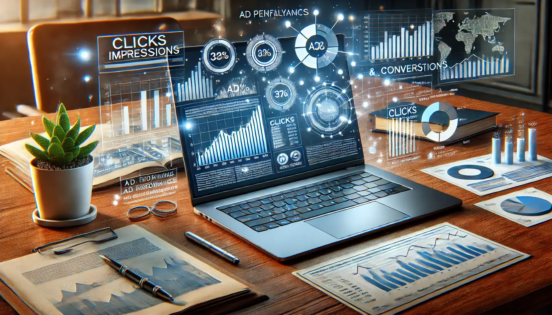 An image showing a laptop displaying an analytics dashboard with graphs, pie charts, and ad performance metrics.