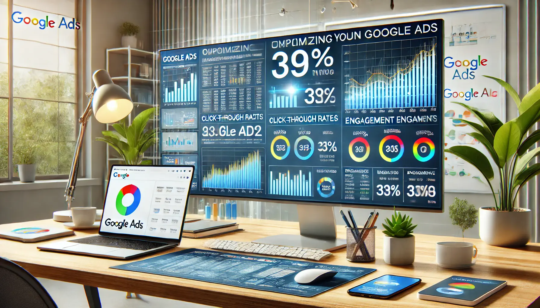 Workspace showing analytics dashboard with performance metrics, ad images, and Google Ads data for enhanced visual engagement.