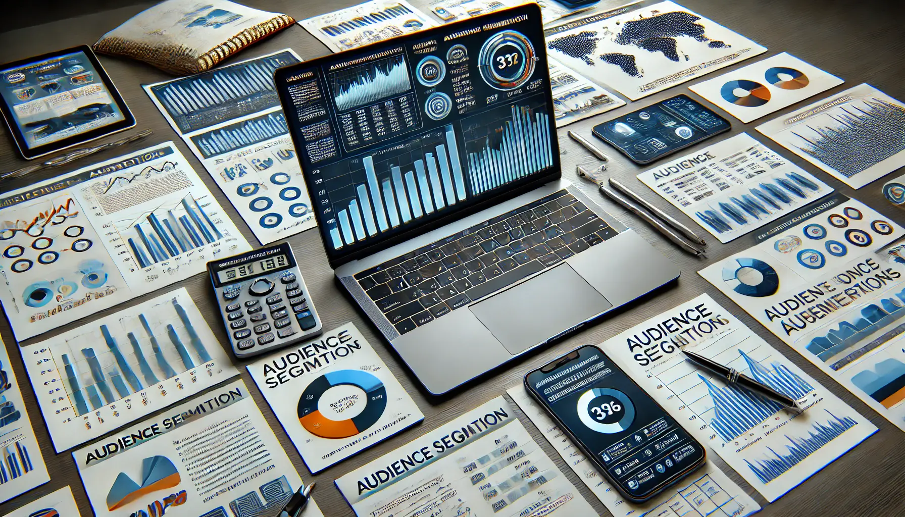 A digital marketing desk with a laptop displaying audience segmentation data, printed reports showing demographics and behaviors, and a notepad with pens.