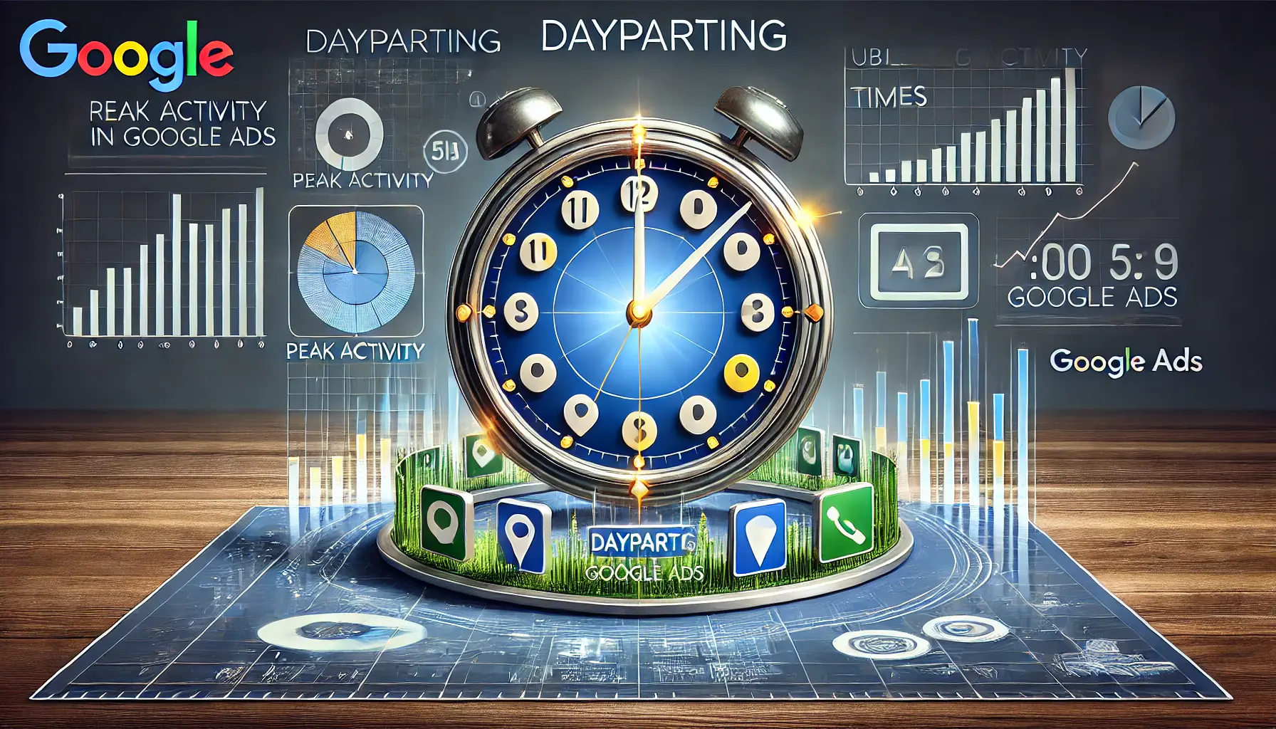 An image showing a clock with highlighted segments representing different times of the day, surrounded by digital ad icons and data graphs symbolizing dayparting in Google Ads.