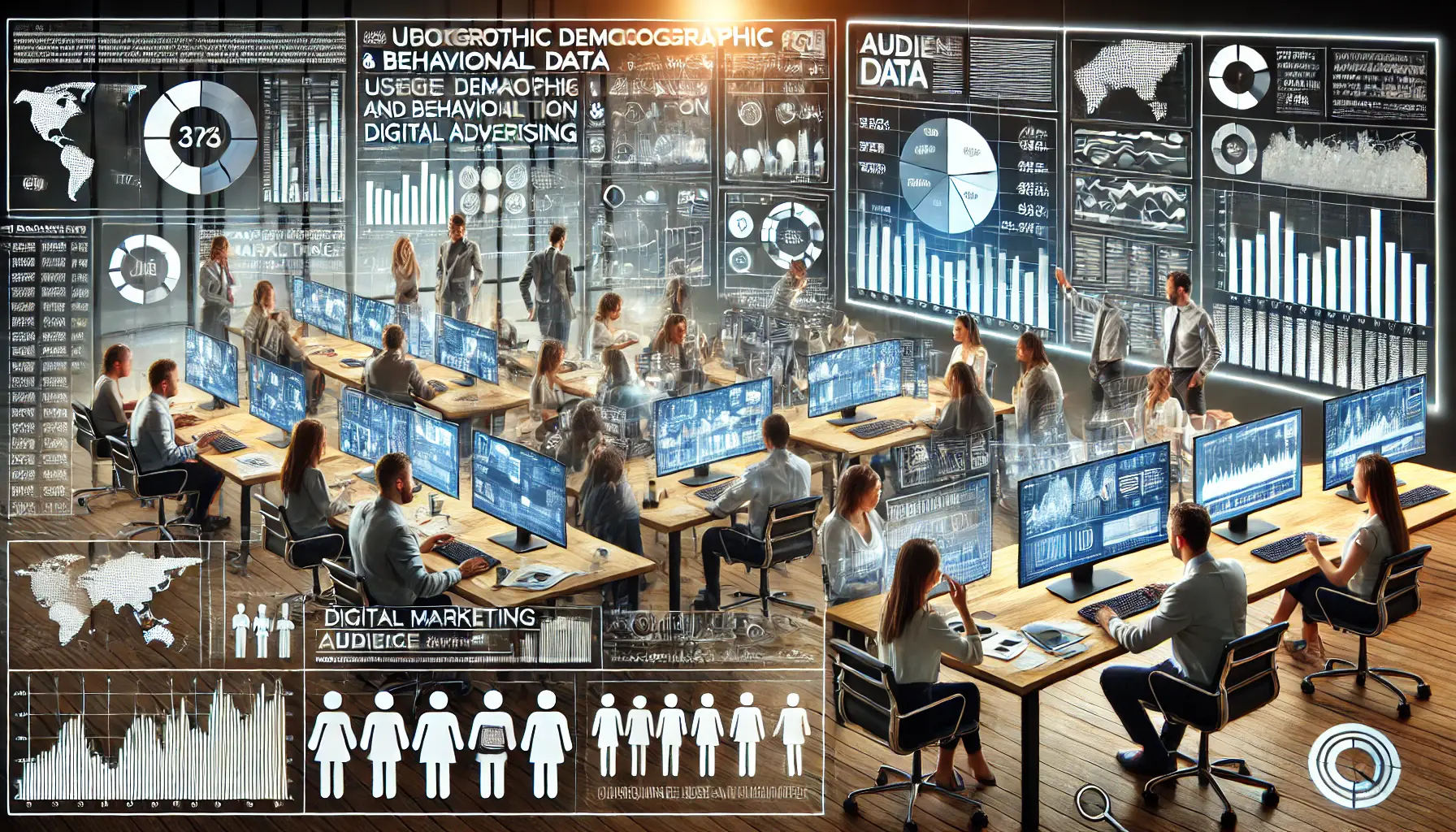 A digital marketing team analyzing demographic and behavioral data on multiple computer screens, displaying charts and graphs for audience segmentation.