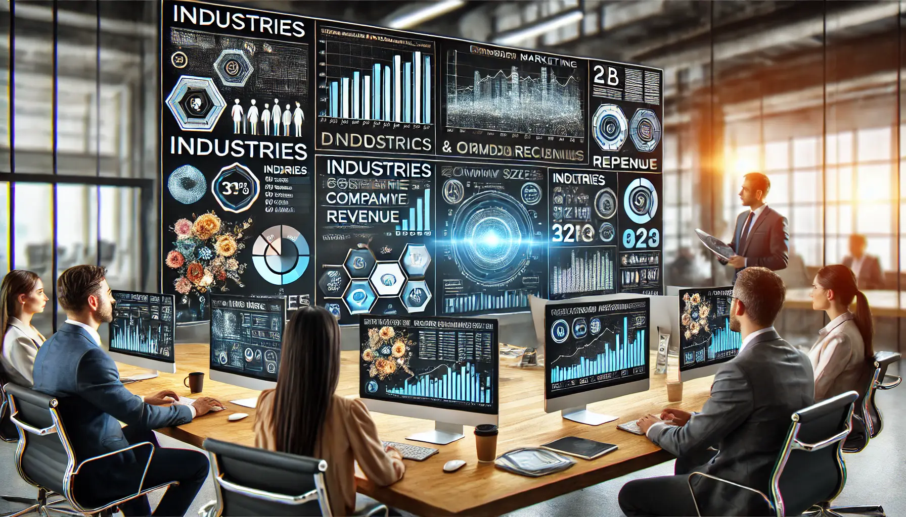 A modern office with professionals analyzing demographic and firmographic data on computer screens, showing charts and graphs on industries and company metrics.