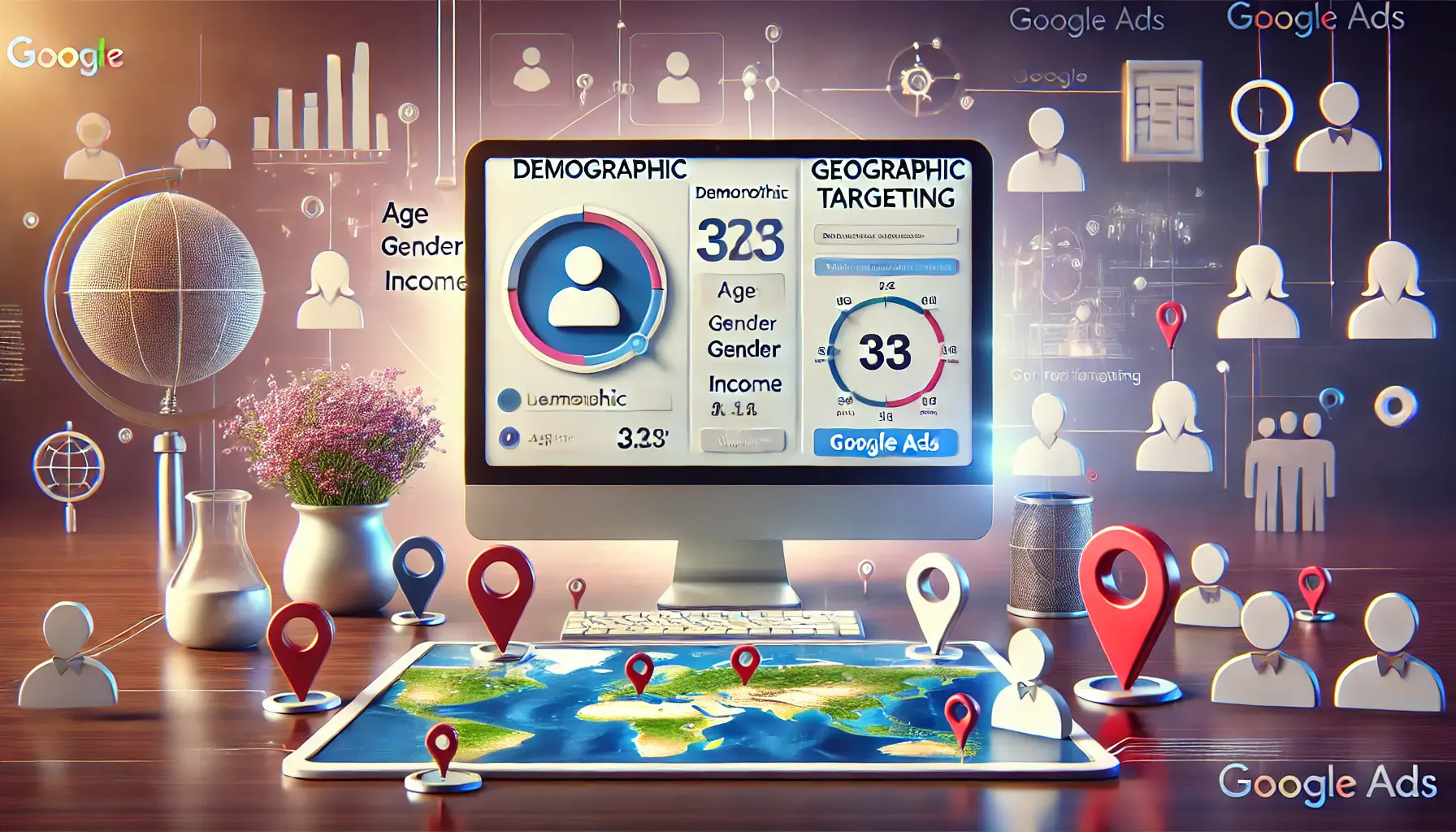 An illustration of demographic and geographic targeting in Google Ads, featuring demographic filters and a map with geo-targeted regions.