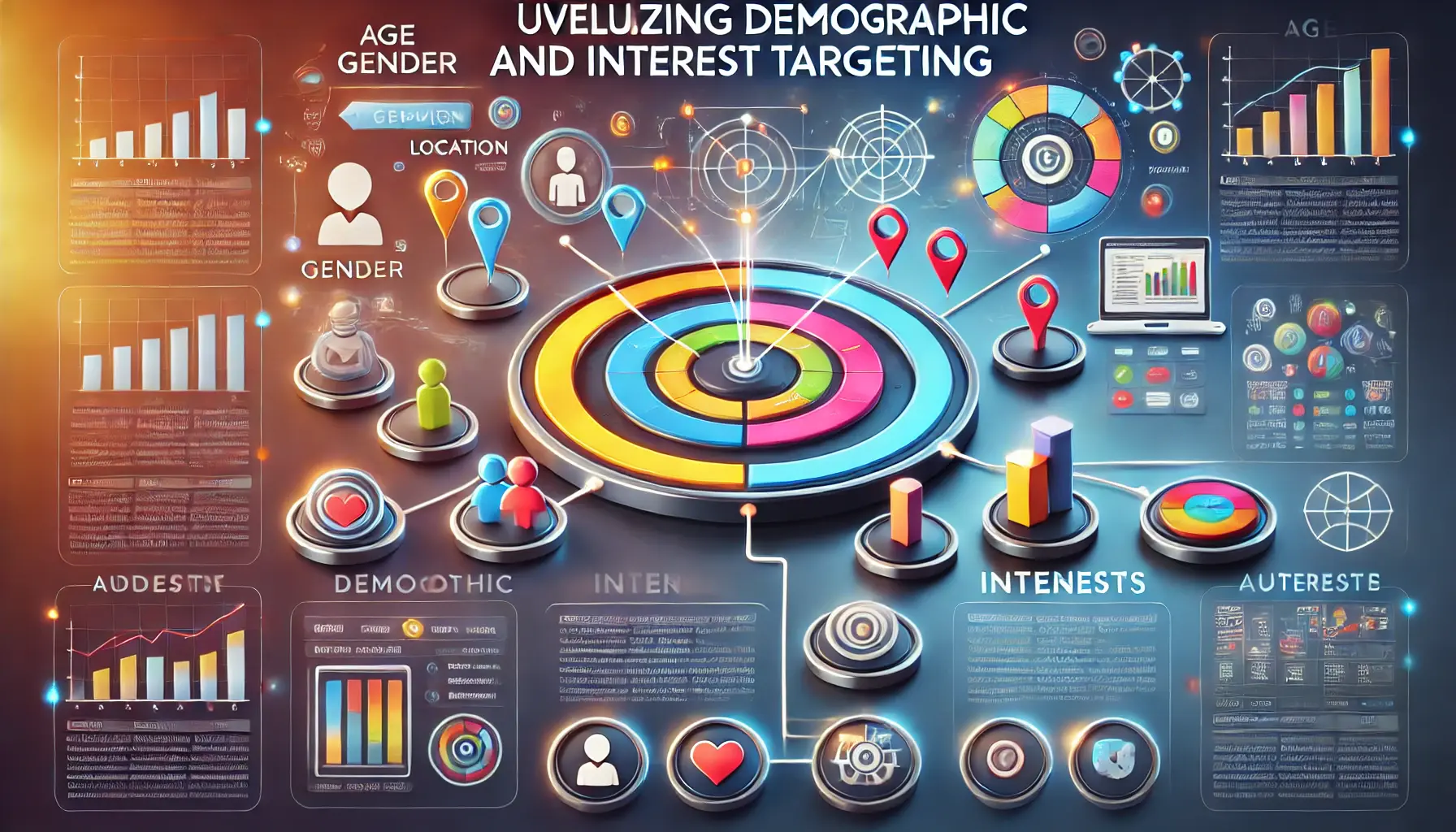 A digital marketing dashboard displaying demographic filters like age, gender, and location, with icons representing interests such as shopping, travel, and technology, symbolizing precision targeting.