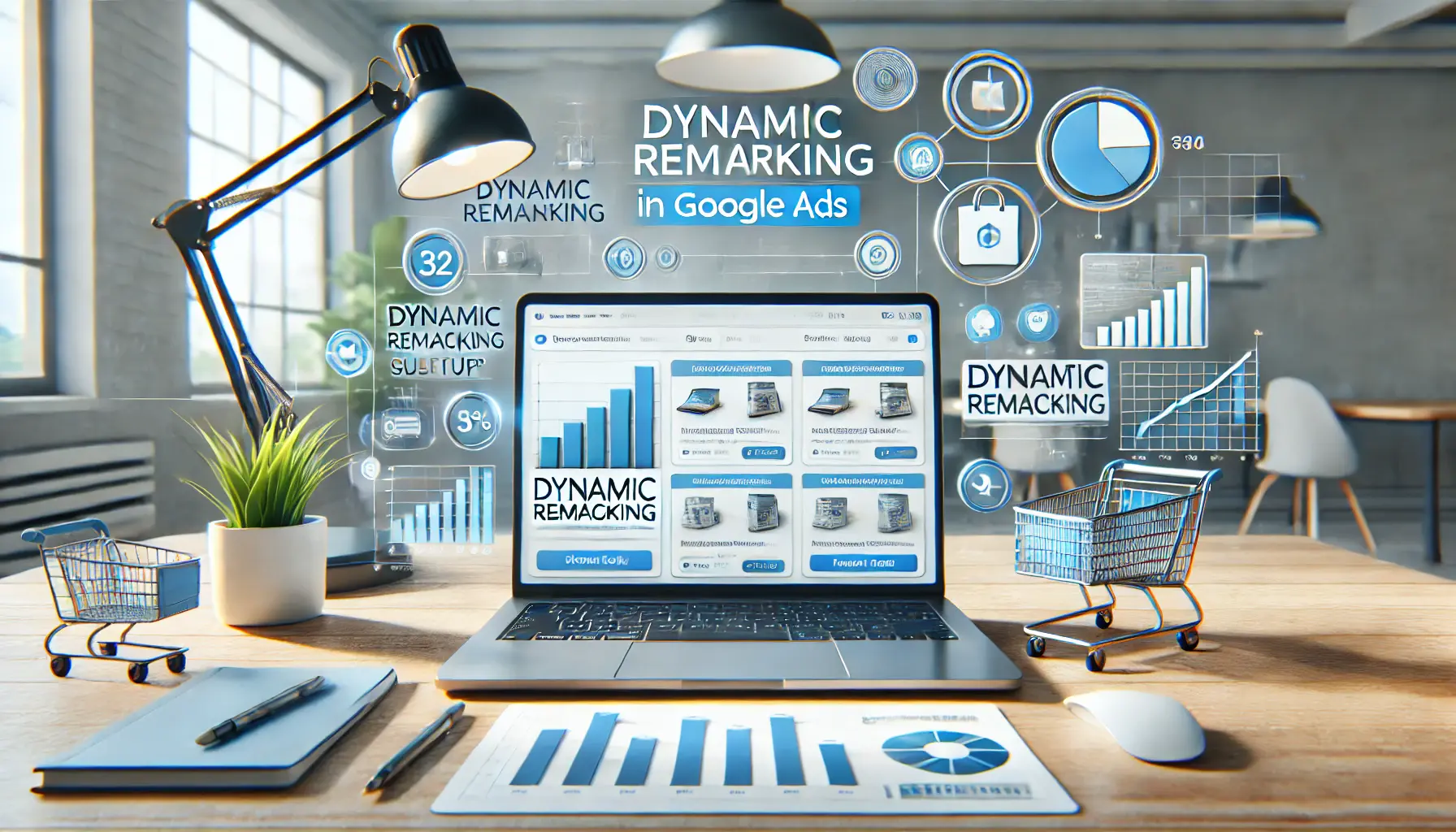 A workspace with a laptop displaying a dynamic remarketing campaign, surrounded by product ads, a shopping cart icon, and graphs showcasing personalized ad performance.