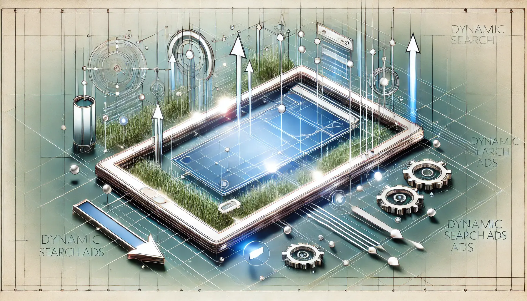 Abstract illustration of dynamic search ads with a webpage outline, adaptive components, arrows for automation, and data flow lines symbolizing enhanced relevance.