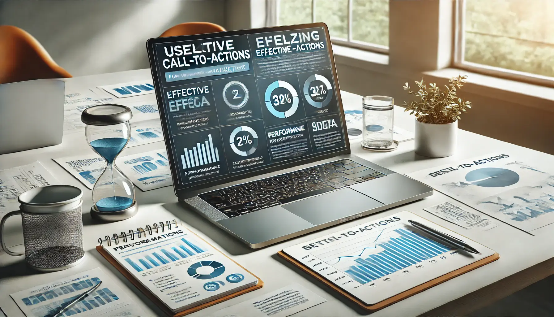 A professional workspace with a laptop displaying performance metrics related to call-to-actions (CTAs) in digital marketing.