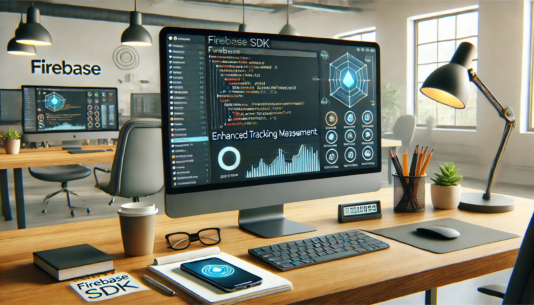 A computer screen displaying Firebase SDK integration and event tracking metrics on a professional desk setup.