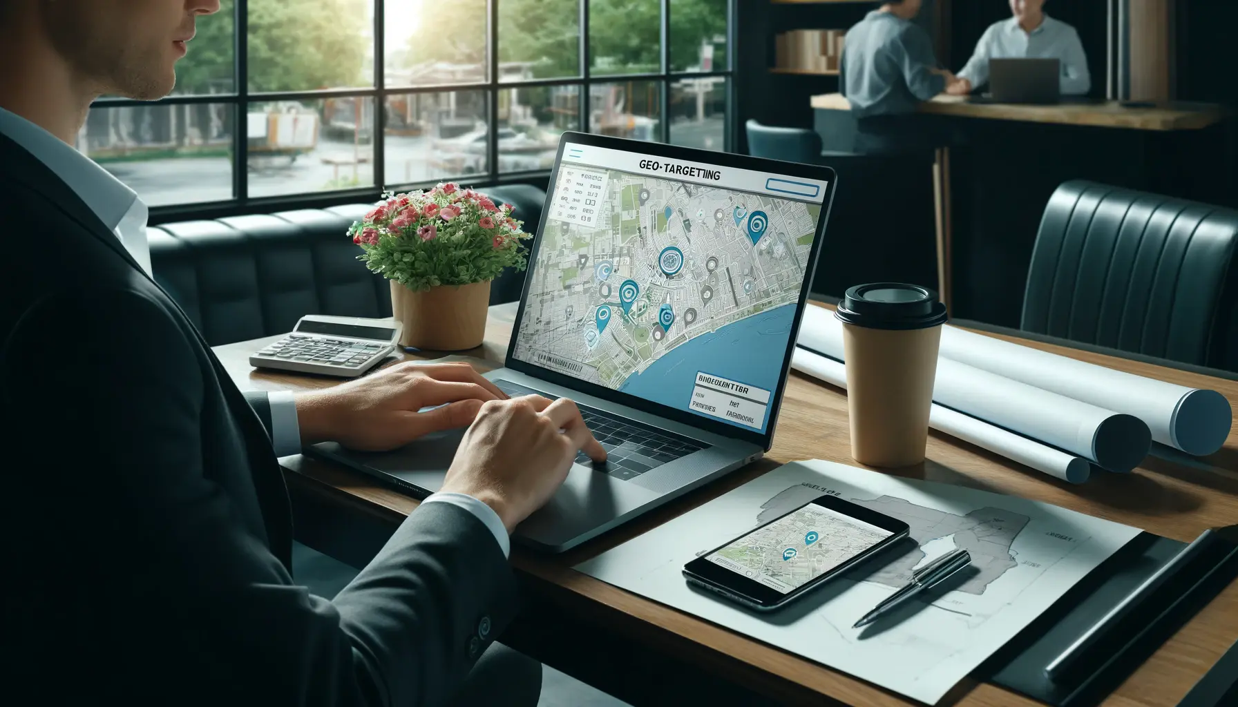 Marketer using a laptop with a map interface showing targeted locations, construction blueprints, and a local site visible through a window.