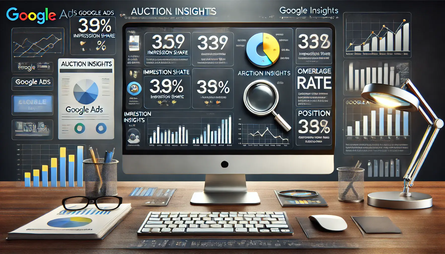 A professional workspace showing a computer screen with an auction insights report displaying metrics like impression share, overlap rate, and position details, surrounded by charts and analysis icons.