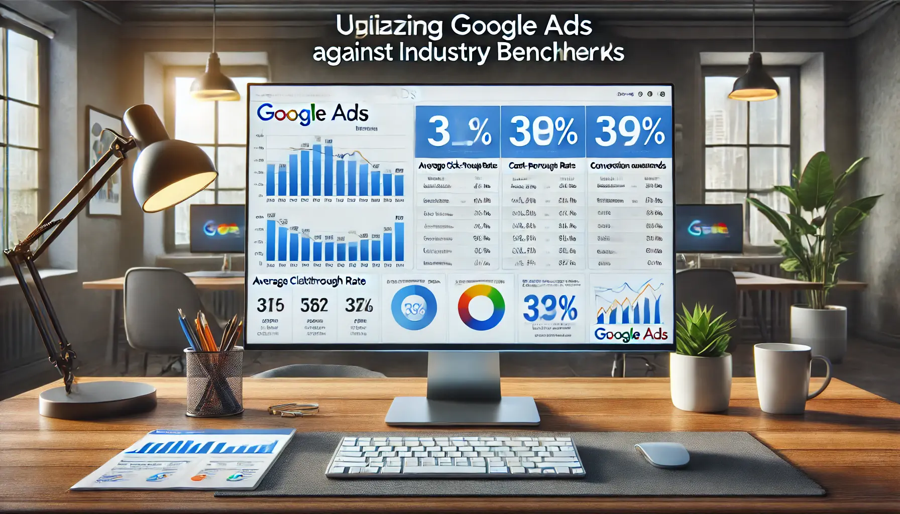 Illustration of a workspace featuring a computer screen with a Google Ads dashboard comparing performance metrics to industry benchmarks.