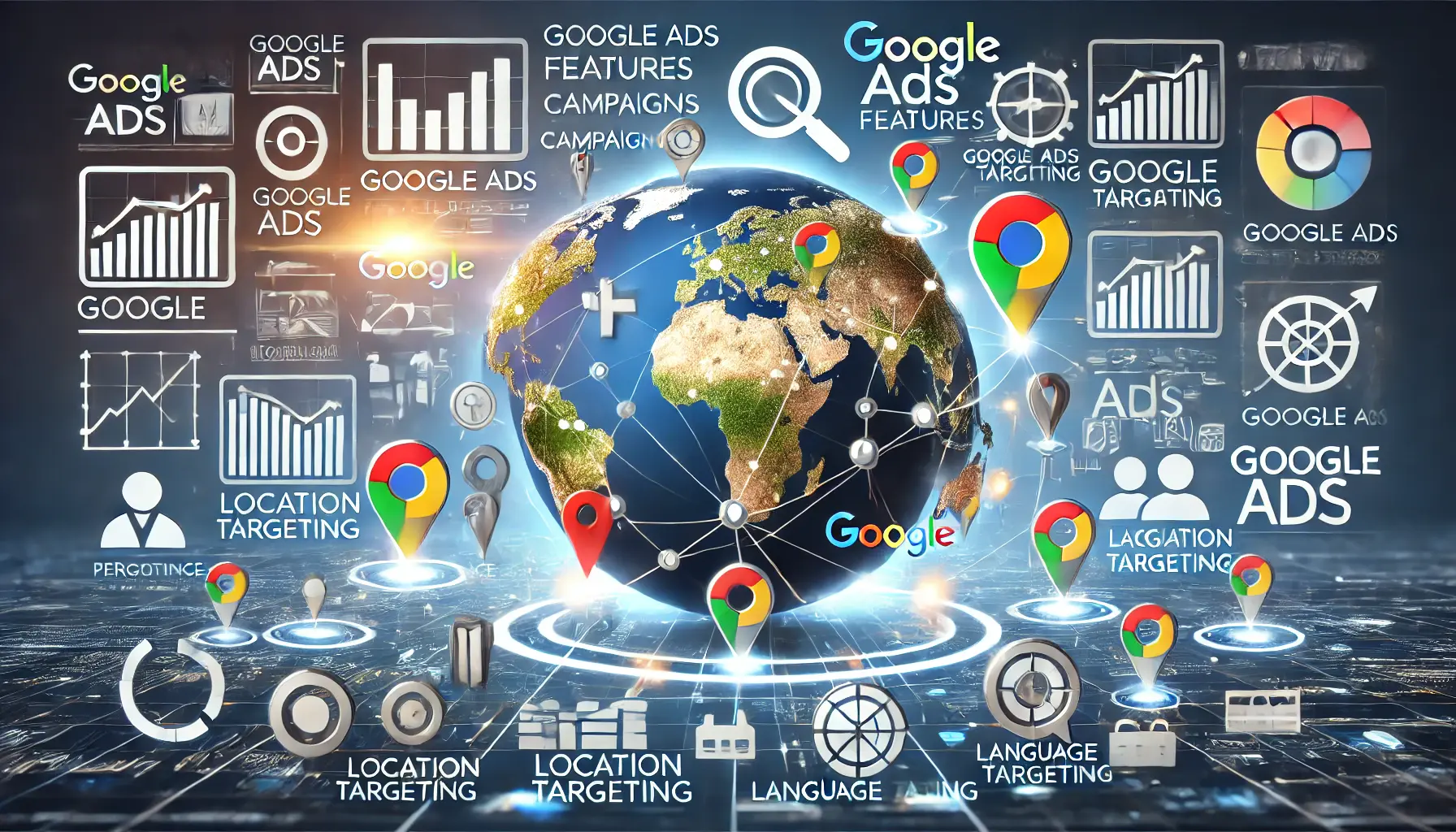 A digital concept showing a world map with Google Ads icons, performance graphs, location pins, and language symbols, representing global campaign targeting capabilities.