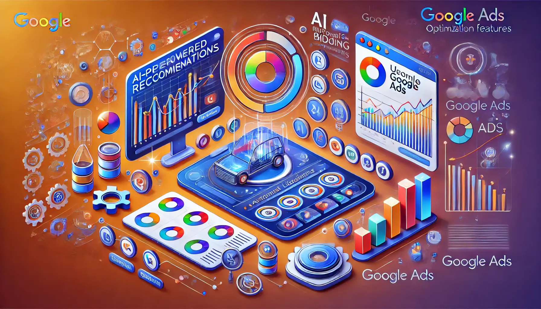 A digital interface displaying Google Ads optimization tools like AI recommendations, automated bidding sliders, and performance graphs, surrounded by icons for analytics and machine learning.