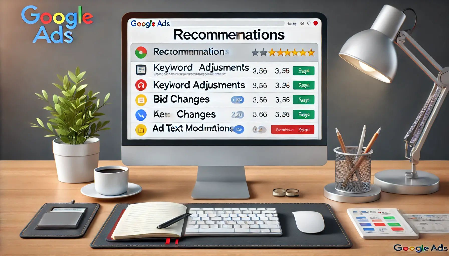 A modern workspace with a computer screen displaying the Google Ads interface, showing the recommendations section for campaign optimization.