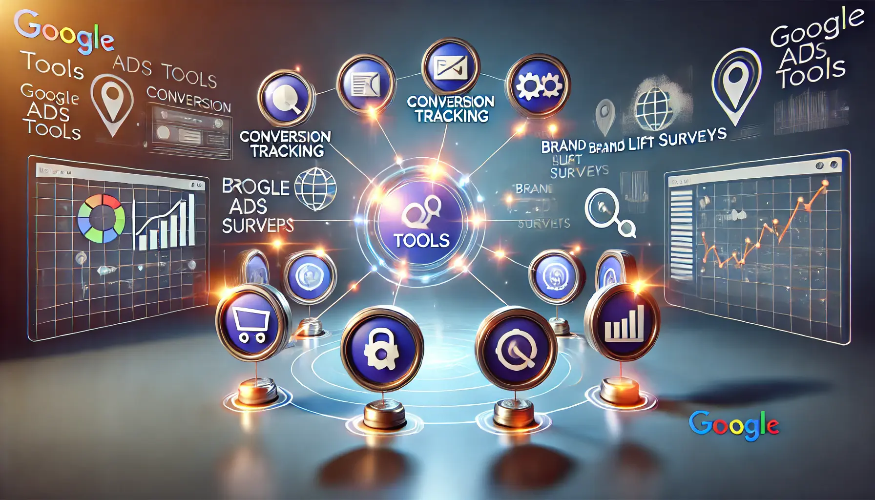 Illustration of various Google Ads tools for measurement, such as conversion tracking and analytics.