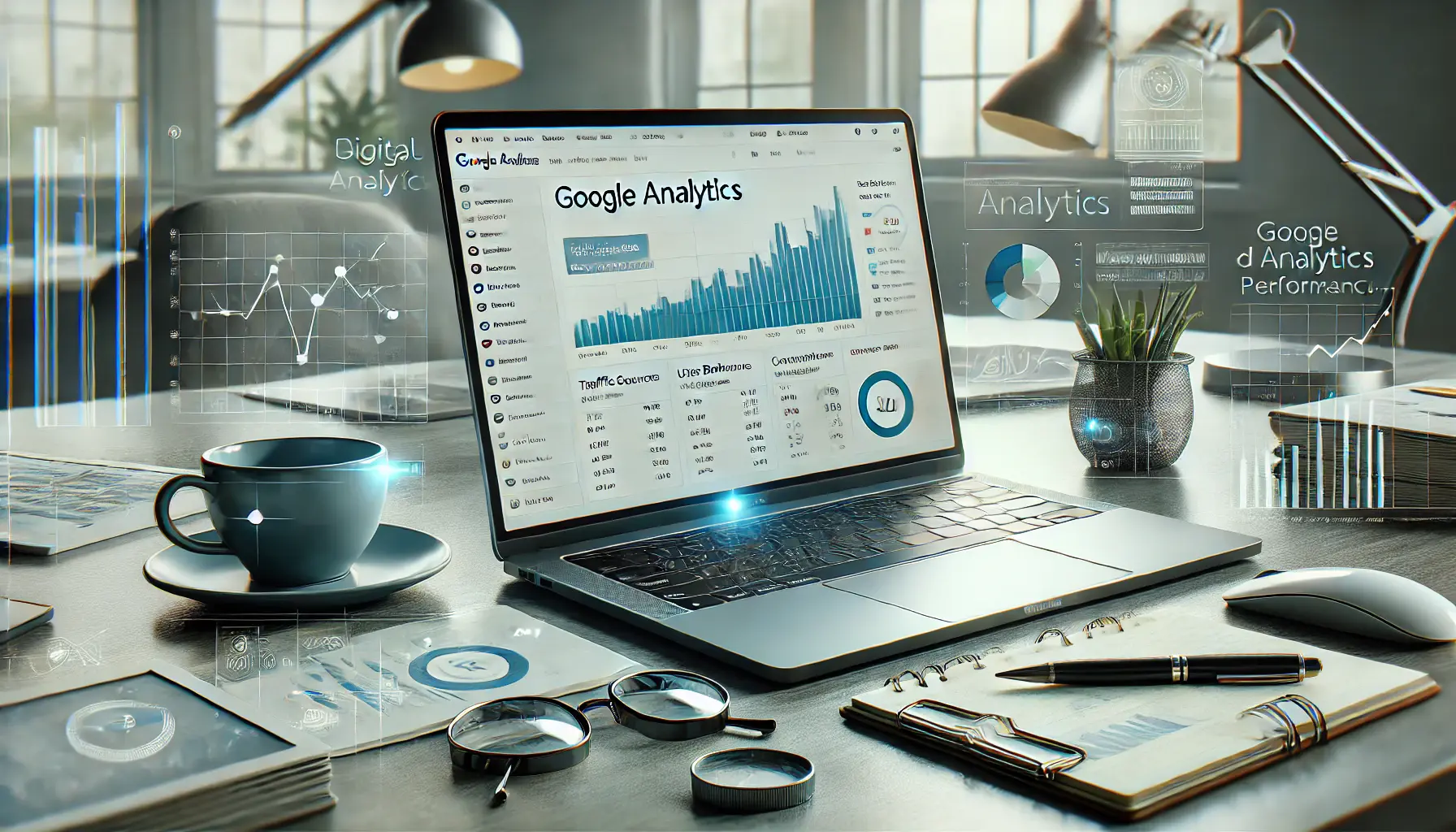 A digital marketing workspace with a laptop displaying the Google Analytics dashboard with performance metrics such as traffic sources, user behavior, and conversion rates.