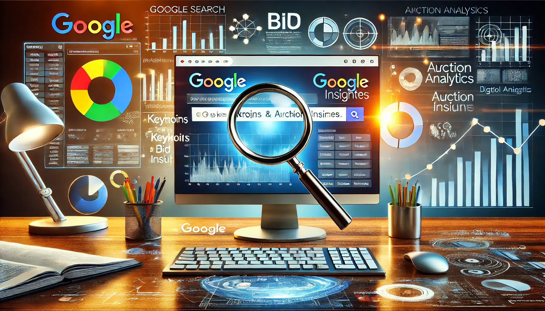 A professional workspace showing a computer screen with Google Search results and auction analytics graphs, surrounded by icons of keywords, bids, and targeting tools.