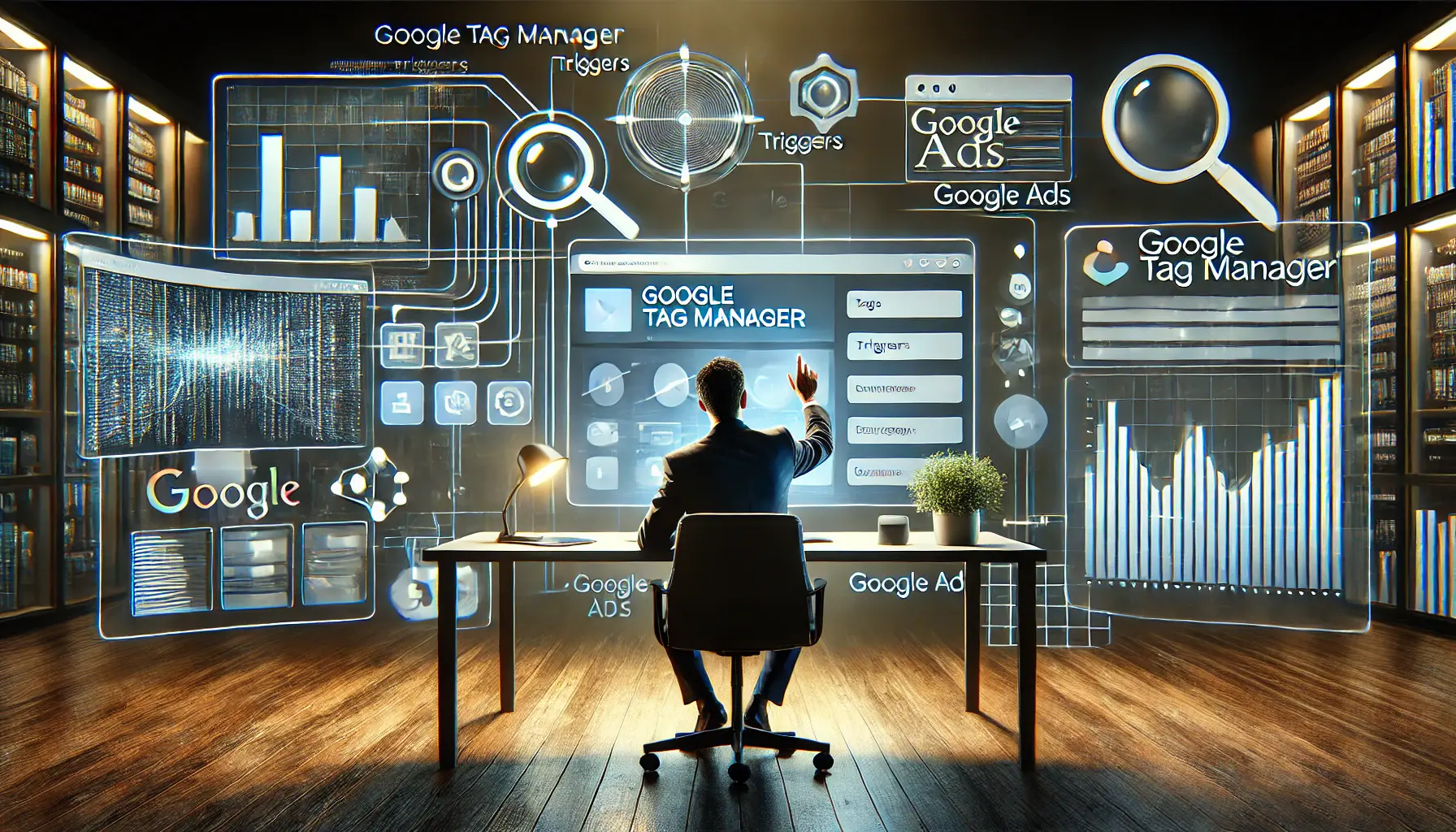 An image showing a marketer interacting with a Google Tag Manager interface on a large screen in a high-tech digital workspace, symbolizing seamless integration across platforms.