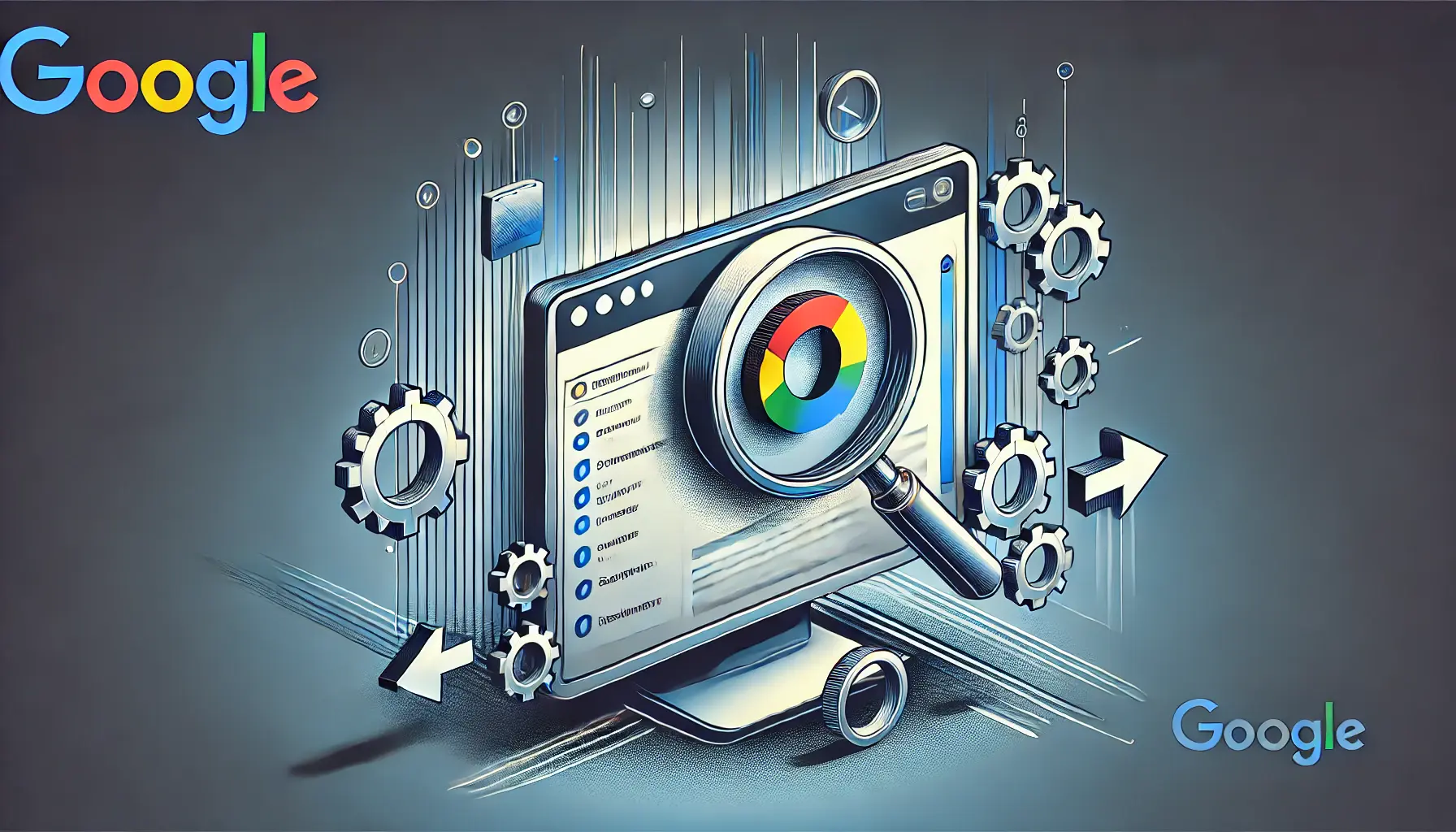 An abstract illustration of a computer screen displaying a trademark troubleshooting tool with magnifying glasses and gears.