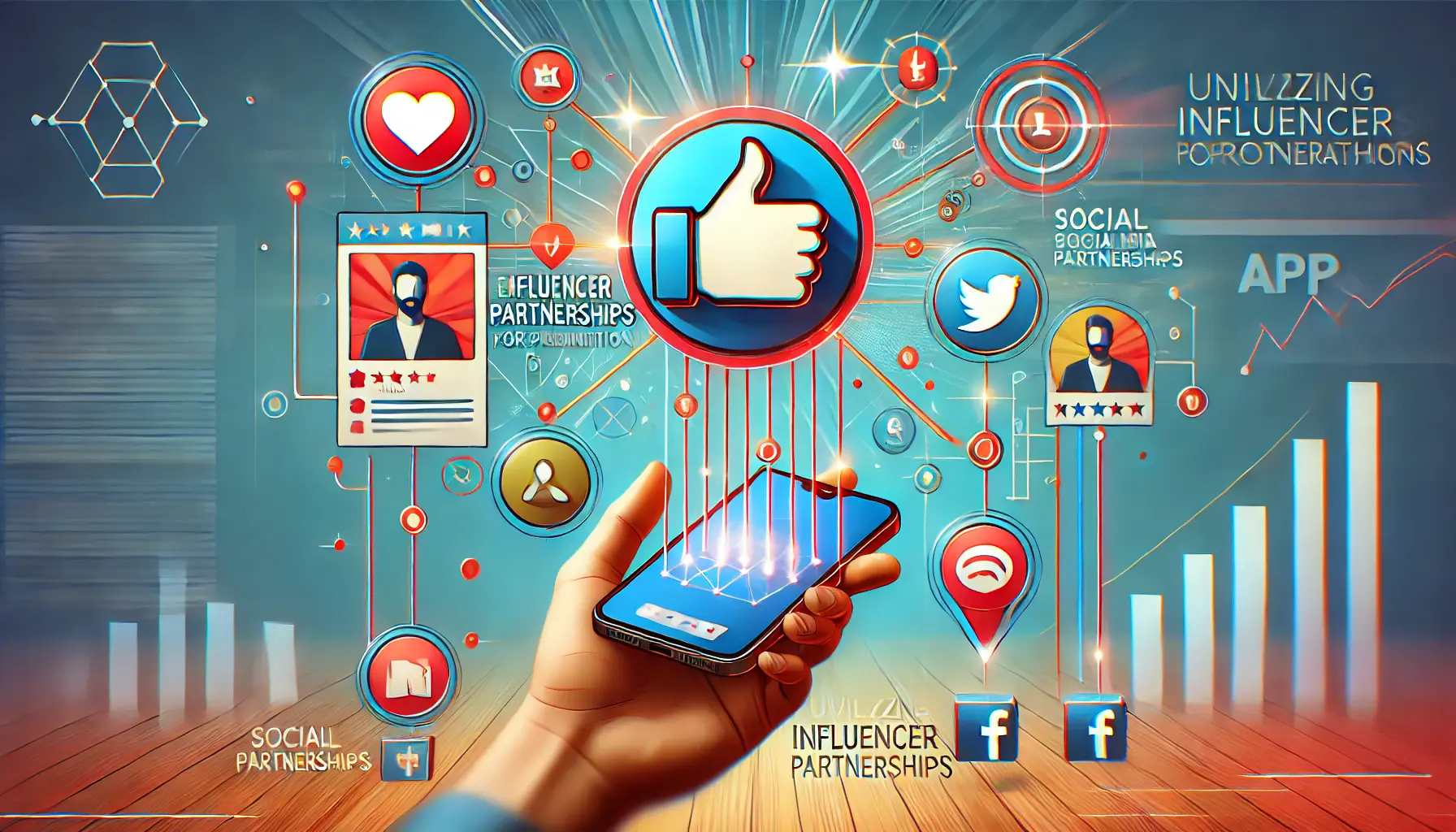 A smartphone displaying an app with a social media influencer endorsing the product, with engagement symbols like hearts and thumbs-up.