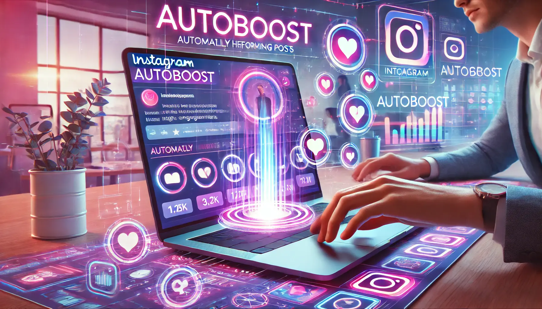 A marketing professional activating Instagram's Autoboost tool on a laptop, promoting a high-performing post with engagement metrics like likes, comments, and shares represented as floating visuals.