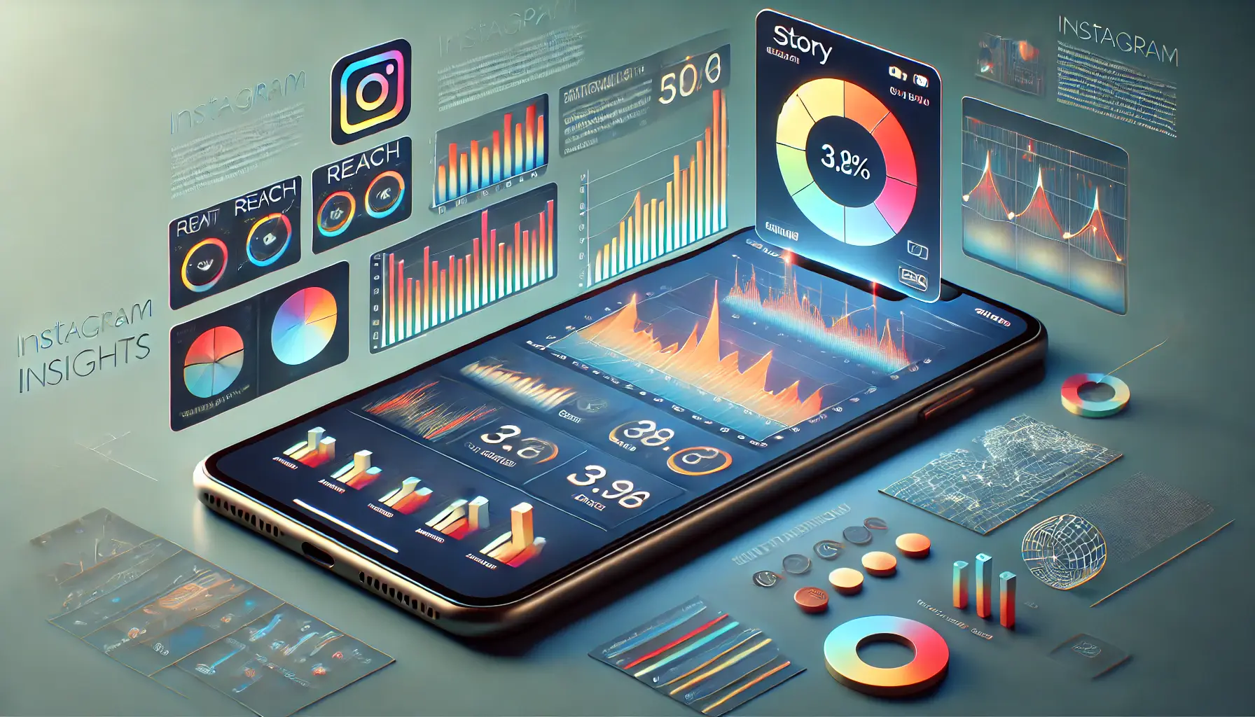 An Instagram interface displaying detailed analytics and metrics such as reach, impressions, and clicks through Instagram Insights.