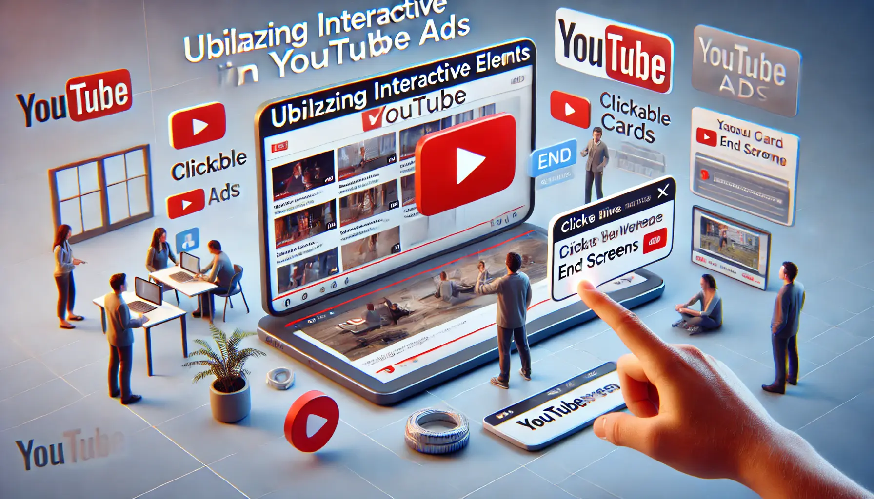 A visual representation of utilizing interactive elements in YouTube ads, showing YouTube cards and end screens being clicked by a viewer.