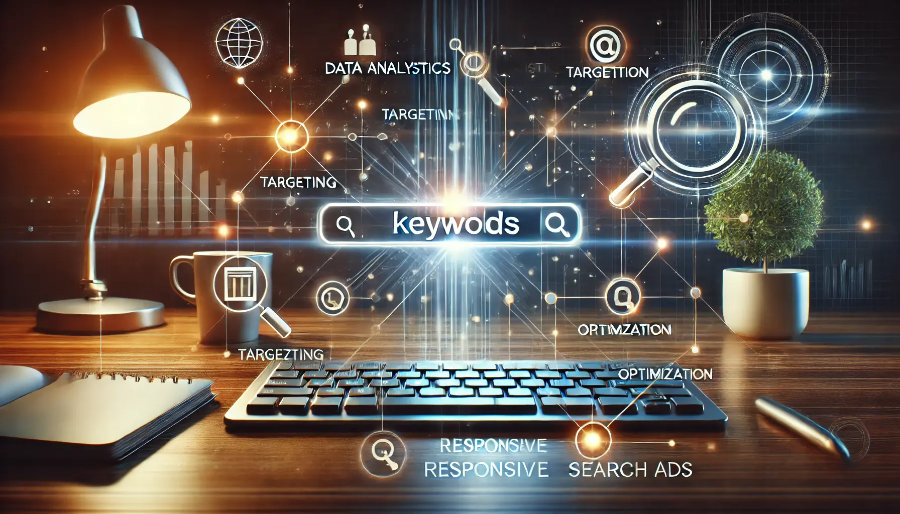 Illustration of strategic keyword usage in digital advertising with a search bar and analytical icons.