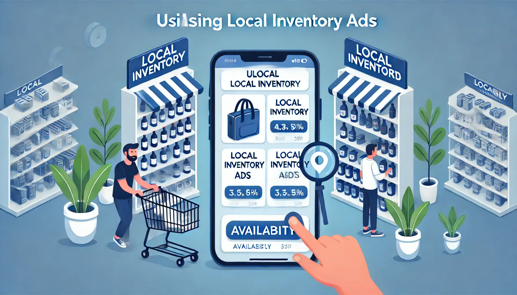 Customer in a retail store viewing a product featured in a local inventory ad on their smartphone, showing product availability.