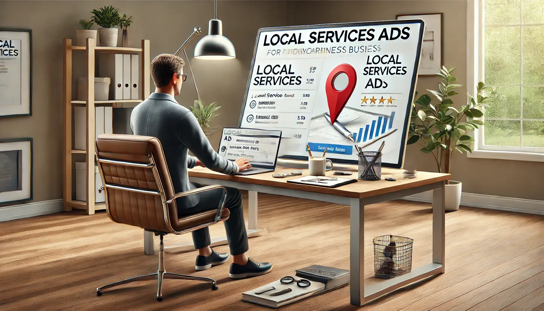 A small business owner reviewing a Local Services Ads campaign on a laptop, targeting nearby customers and analyzing relevant metrics.