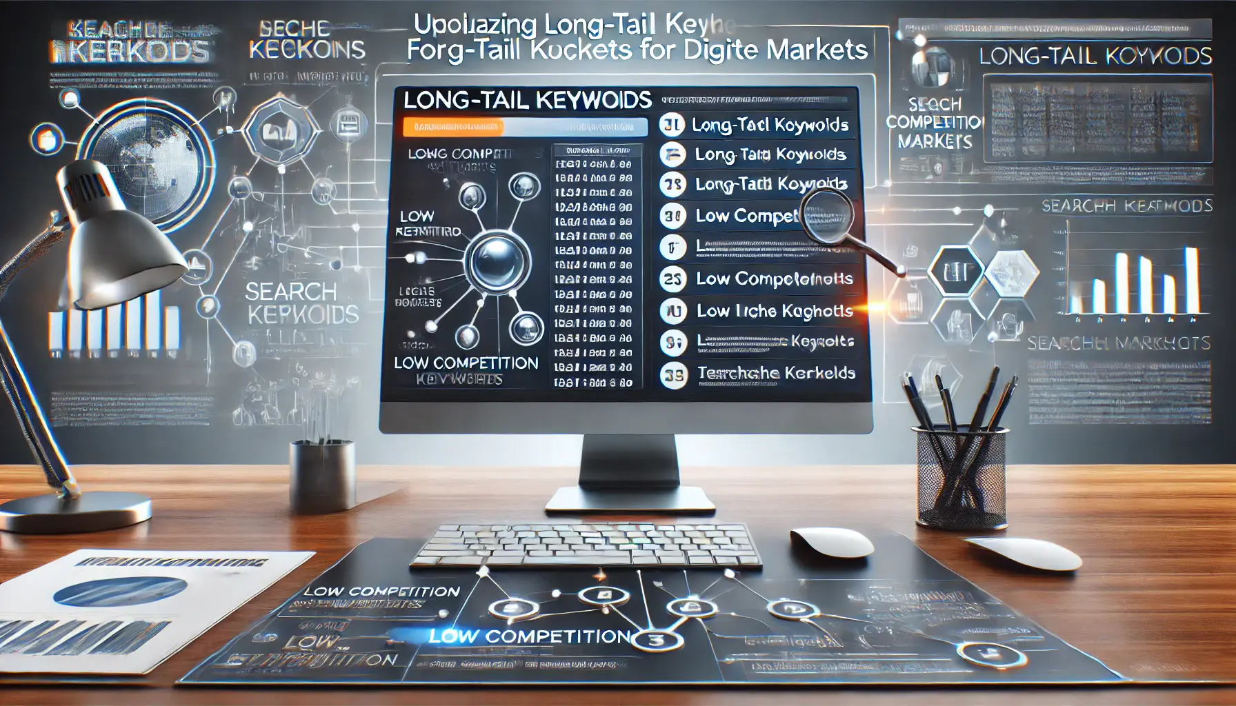 Illustration of a digital marketing workspace featuring a computer screen with long-tail keyword research tools and a flowchart connecting specific keywords to niche markets.